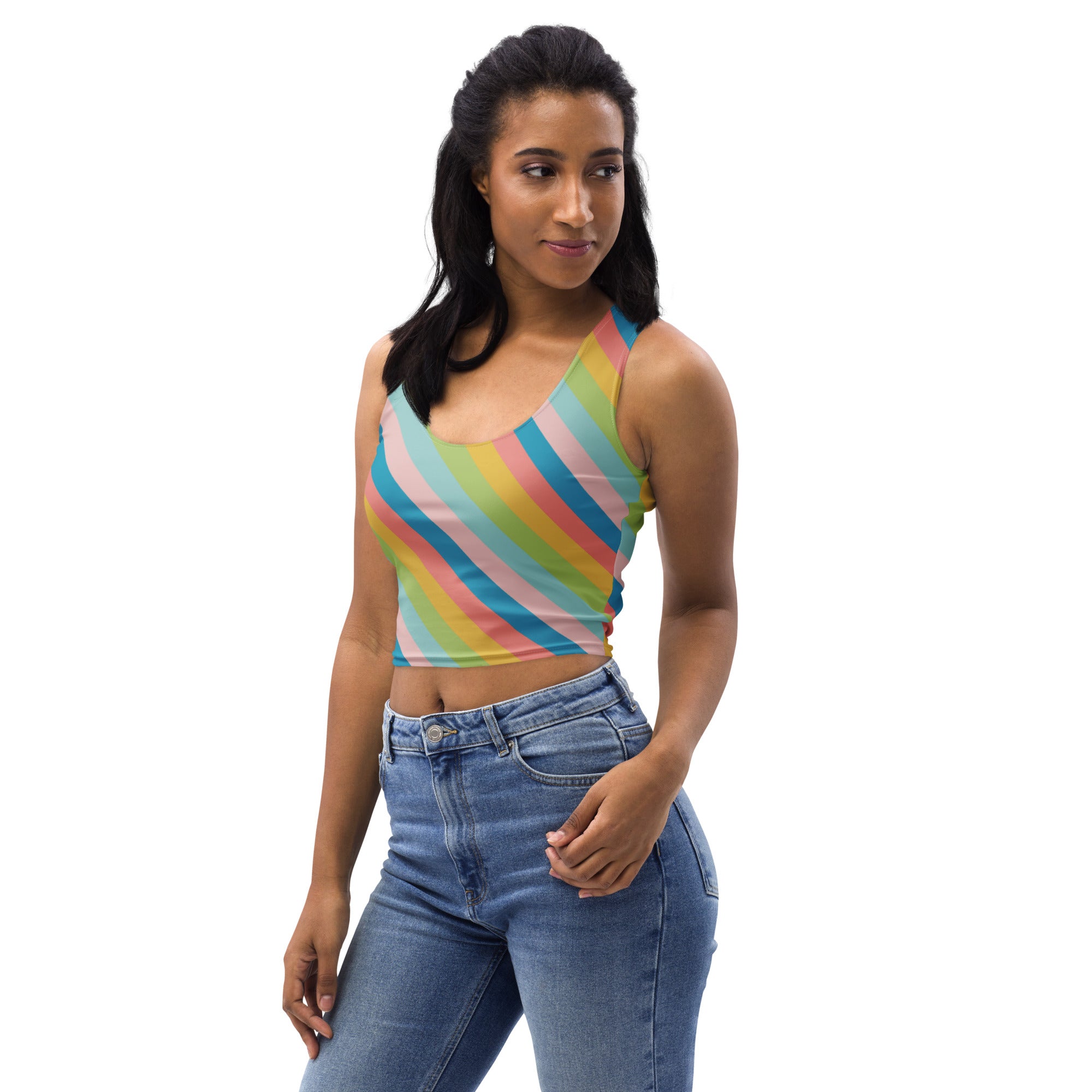 Women's Diagonal Pastel Rainbow Stripe Buttery Soft Crop Top- Quick-Drying UPF 50+ Stretch Top