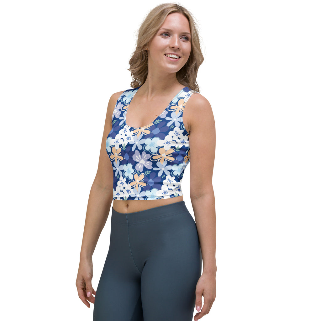 Women's Blue Floral Buttery Soft Crop Top- Quick-Drying UPF 50+ Stretch Top