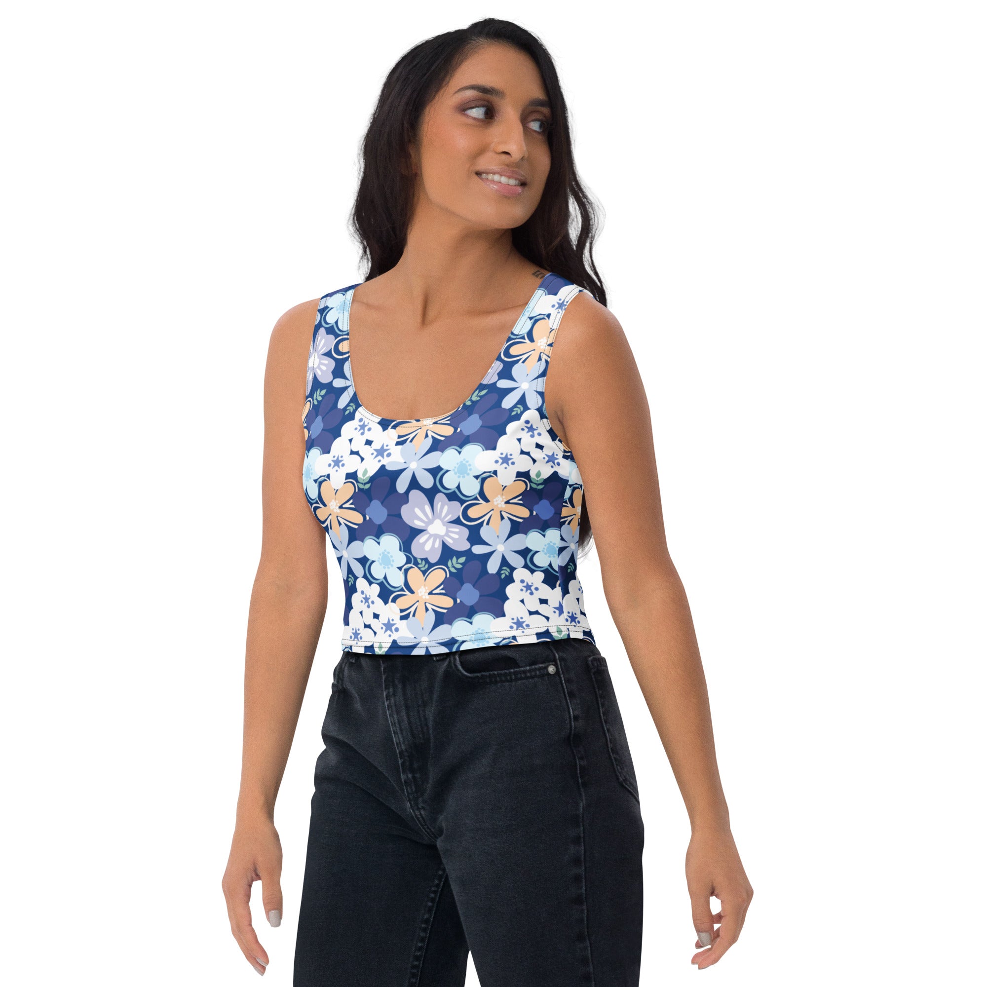 Women's Blue Floral Buttery Soft Crop Top- Quick-Drying UPF 50+ Stretch Top