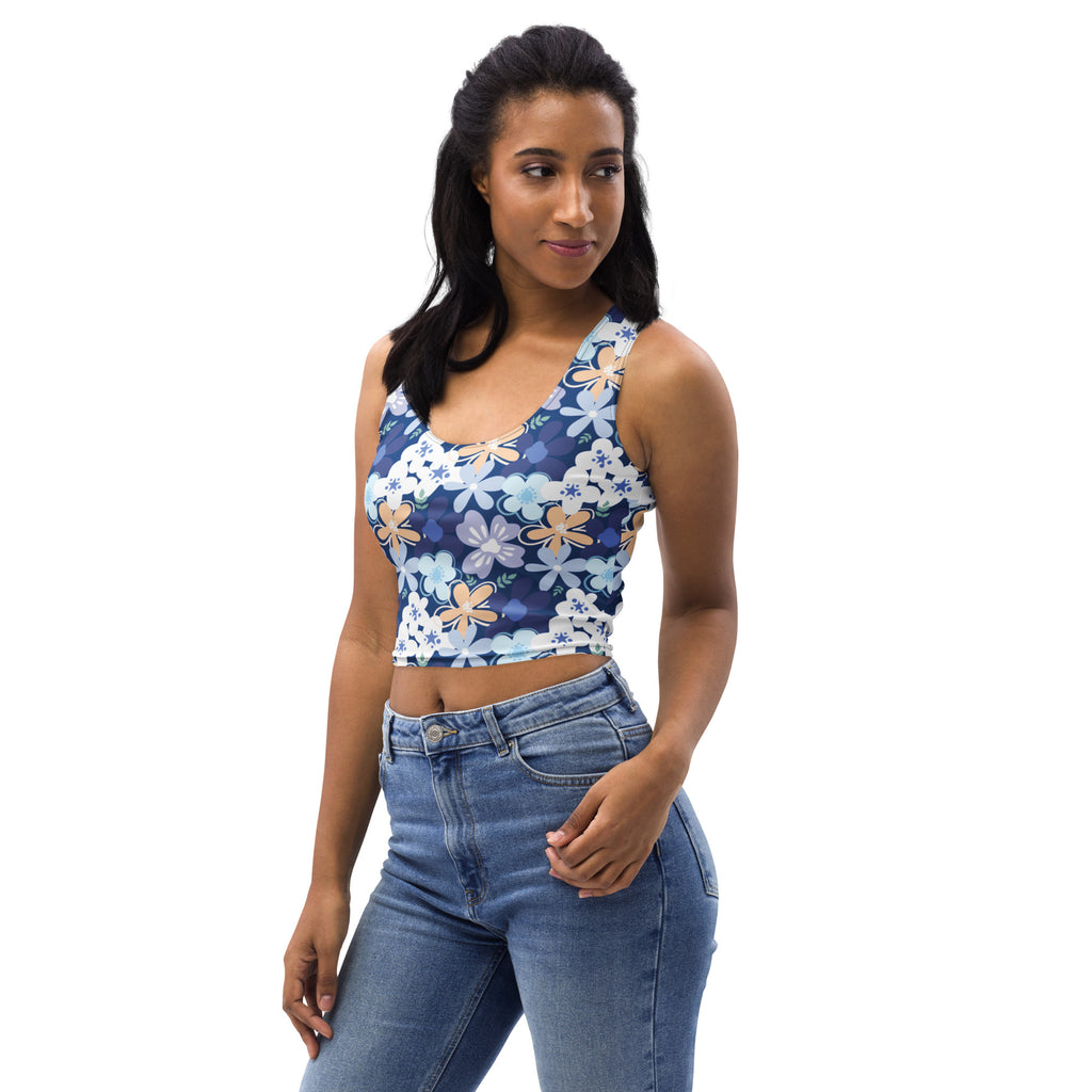 Women's Blue Floral Buttery Soft Crop Top- Quick-Drying UPF 50+ Stretch Top
