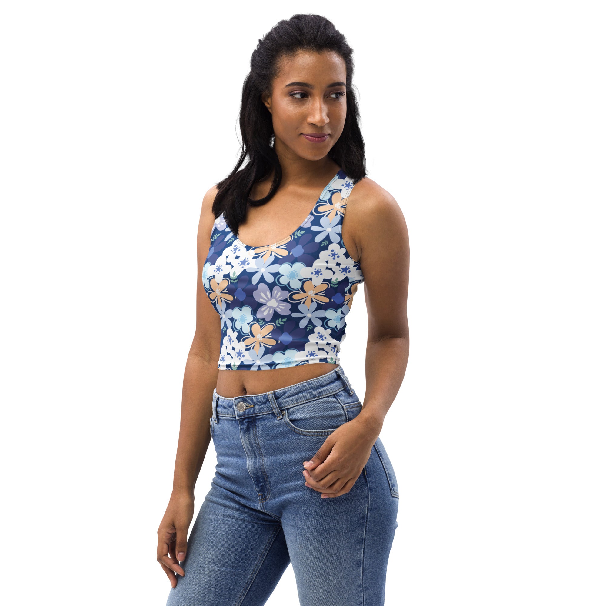 Women's Blue Floral Buttery Soft Crop Top- Quick-Drying UPF 50+ Stretch Top