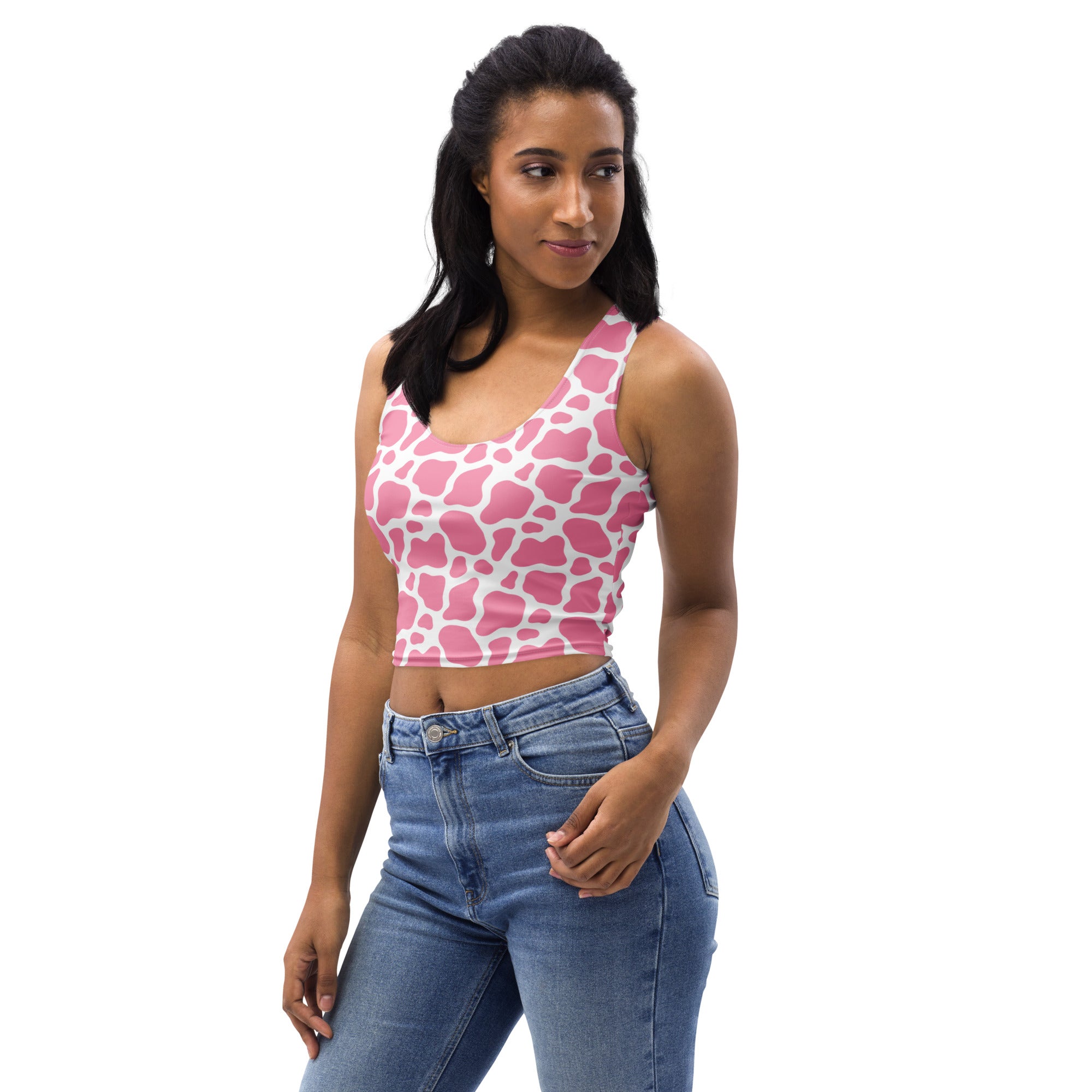 Women's Pink Cow Print Buttery Soft Crop Top- Quick-Drying UPF 50+ Stretch Top