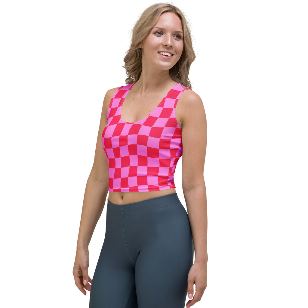 Women's Pink Wavy Checkerboard Buttery Soft Crop Top- Quick-Drying UPF 50+ Stretch Top