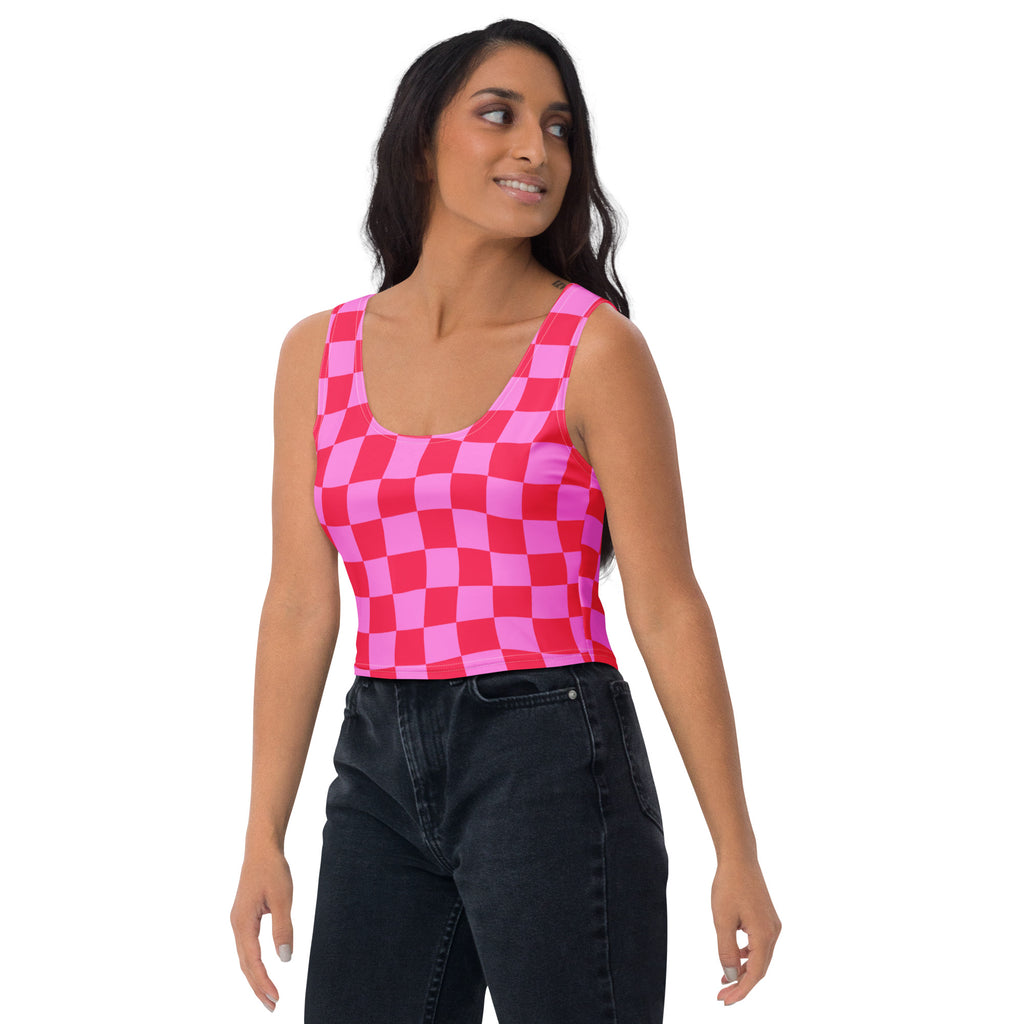 Women's Pink Wavy Checkerboard Buttery Soft Crop Top- Quick-Drying UPF 50+ Stretch Top