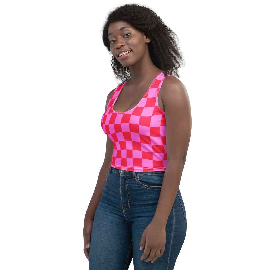 Women's Pink Wavy Checkerboard Buttery Soft Crop Top- Quick-Drying UPF 50+ Stretch Top