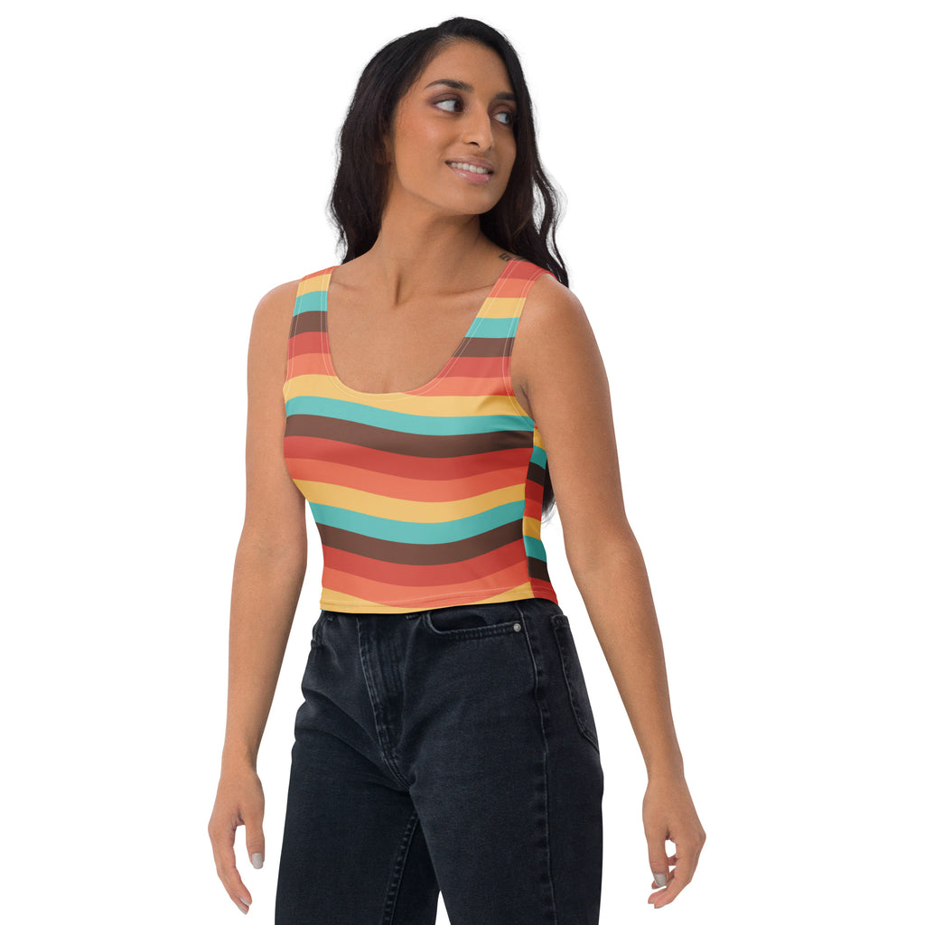 Women's Beach Sunset Retro Wavy Buttery Soft Crop Top- Quick-Drying UPF 50+ Stretch Top