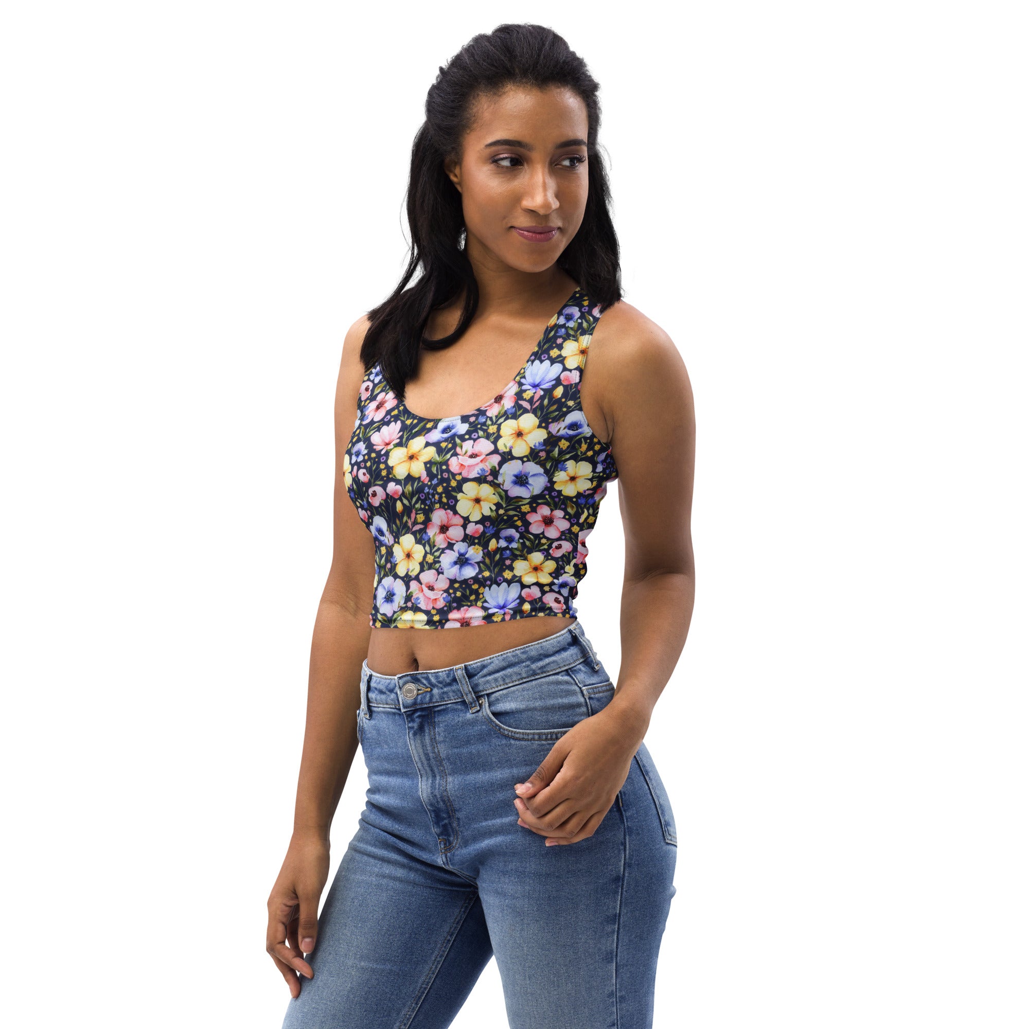 Women's Dark Wildflower Buttery Soft Crop Top- Quick-Drying UPF 50+ Stretch Top