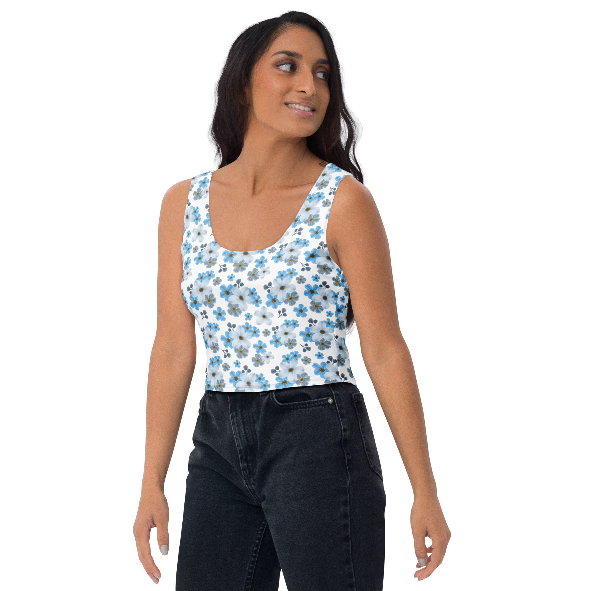 Women's Blue Daisy Buttery Soft Crop Top- Quick-Drying UPF 50+ Stretch Top