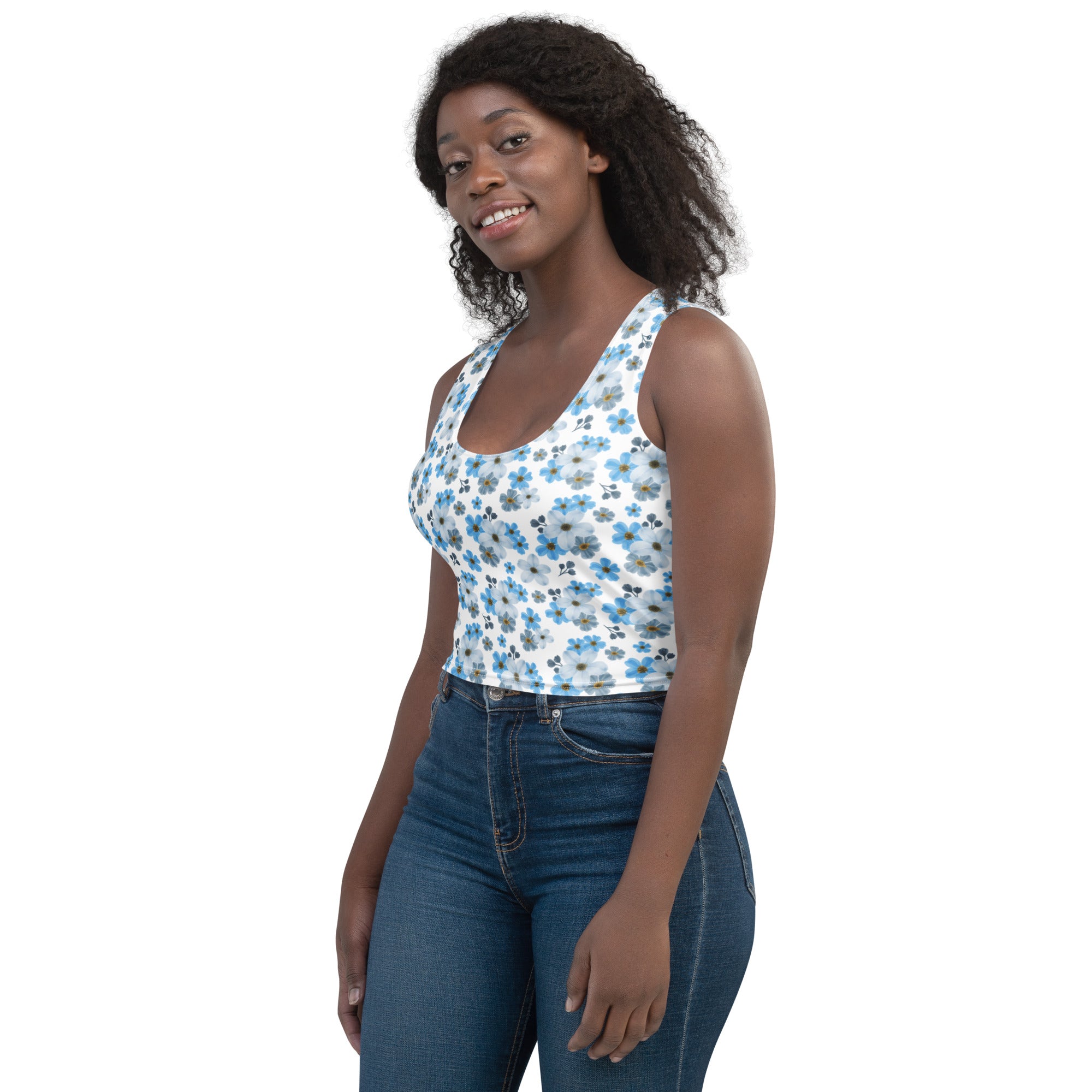 Women's Blue Daisy Buttery Soft Crop Top- Quick-Drying UPF 50+ Stretch Top