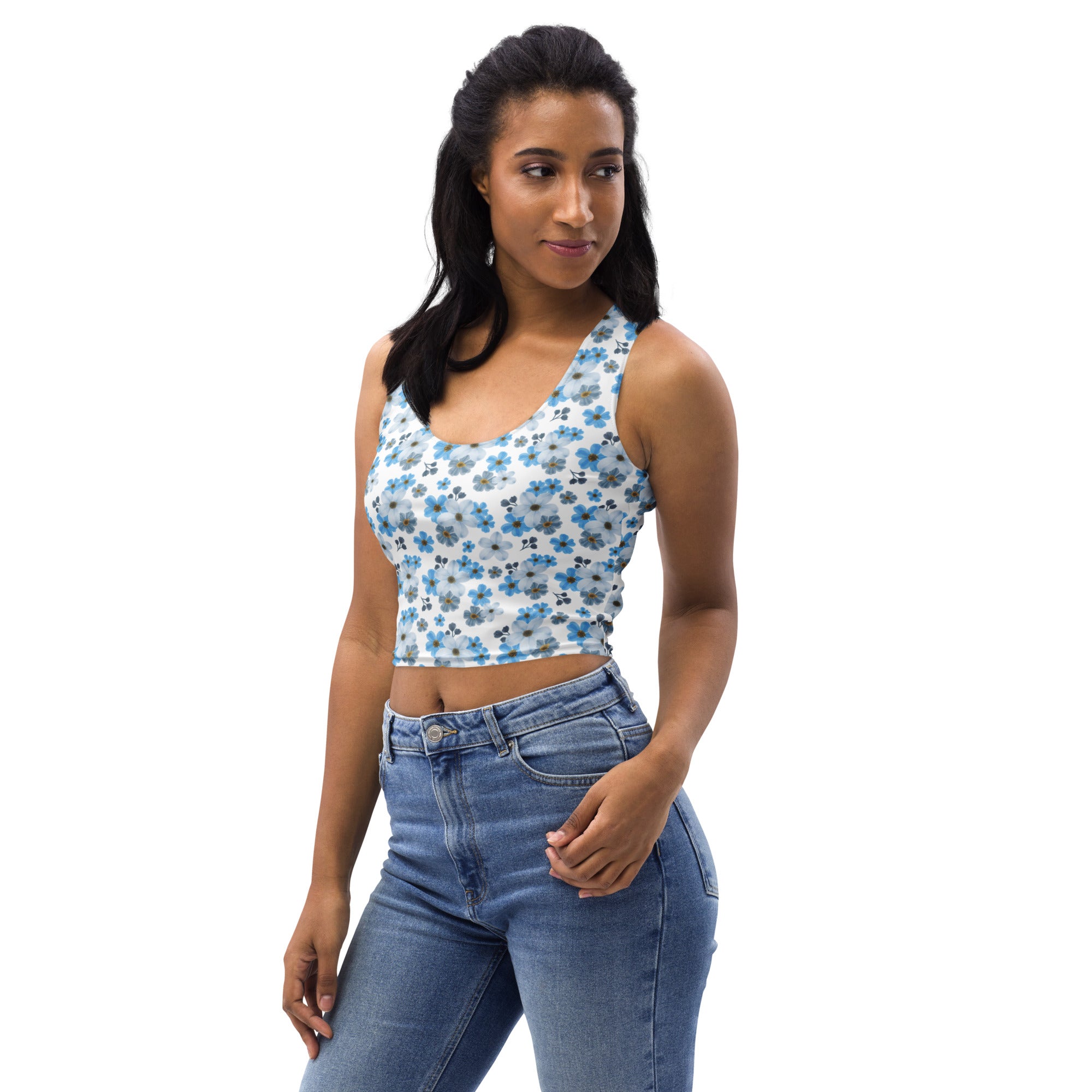 Women's Blue Daisy Buttery Soft Crop Top- Quick-Drying UPF 50+ Stretch Top