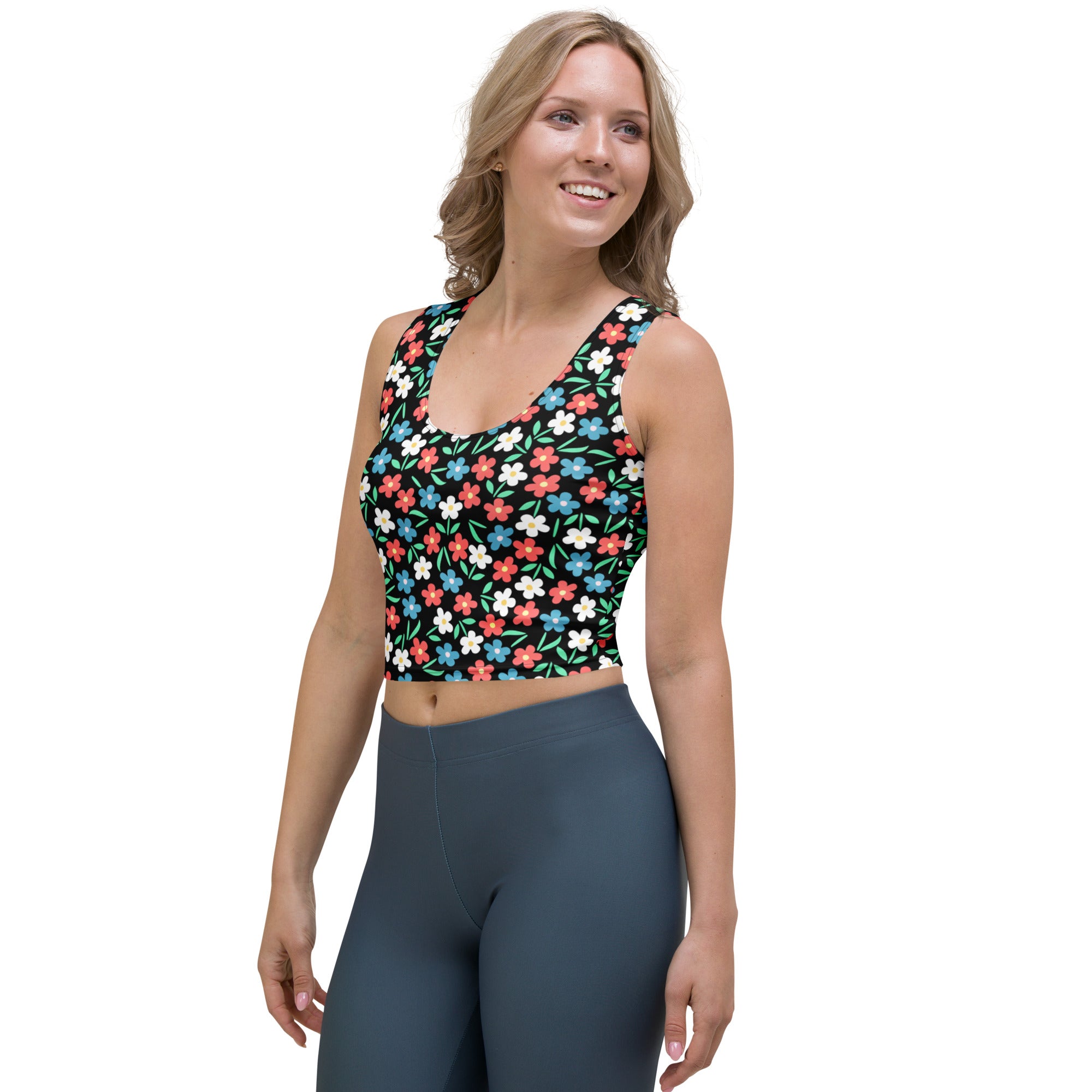 Women's Black Colorful Floral Buttery Soft Crop Top- Quick-Drying UPF 50+ Stretch Top