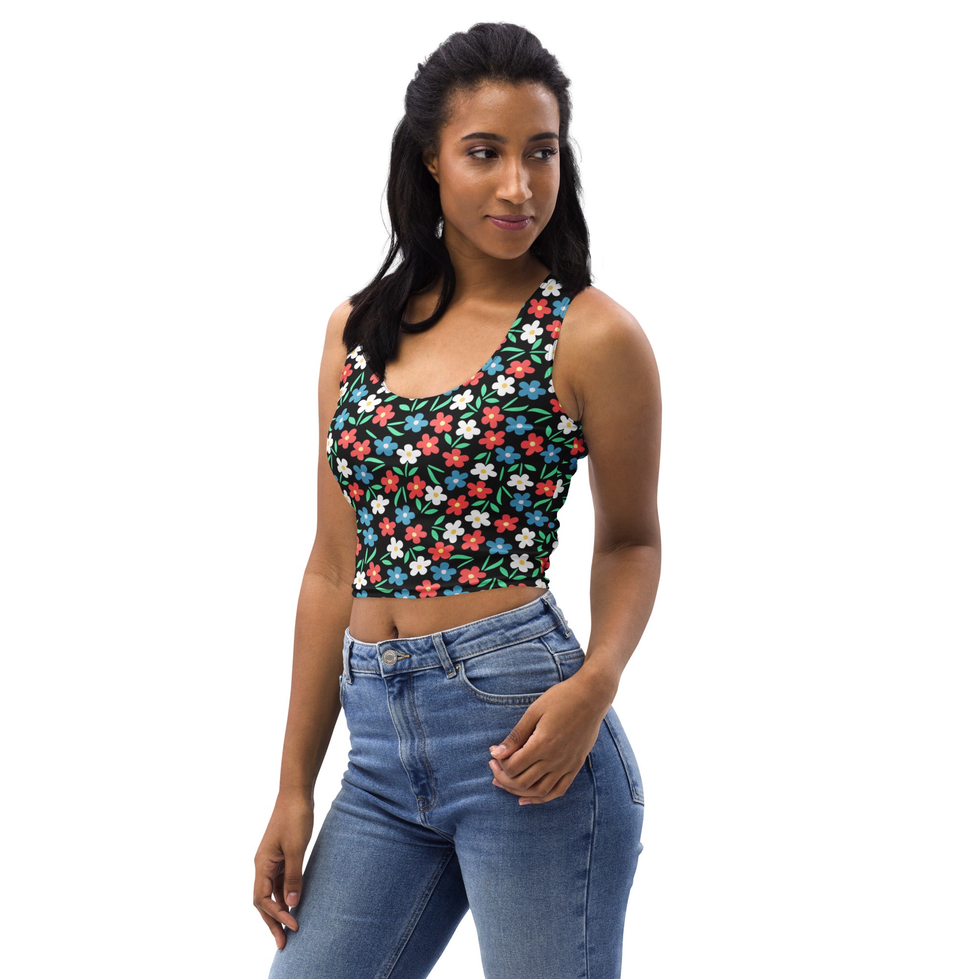 Women's Black Colorful Floral Buttery Soft Crop Top- Quick-Drying UPF 50+ Stretch Top