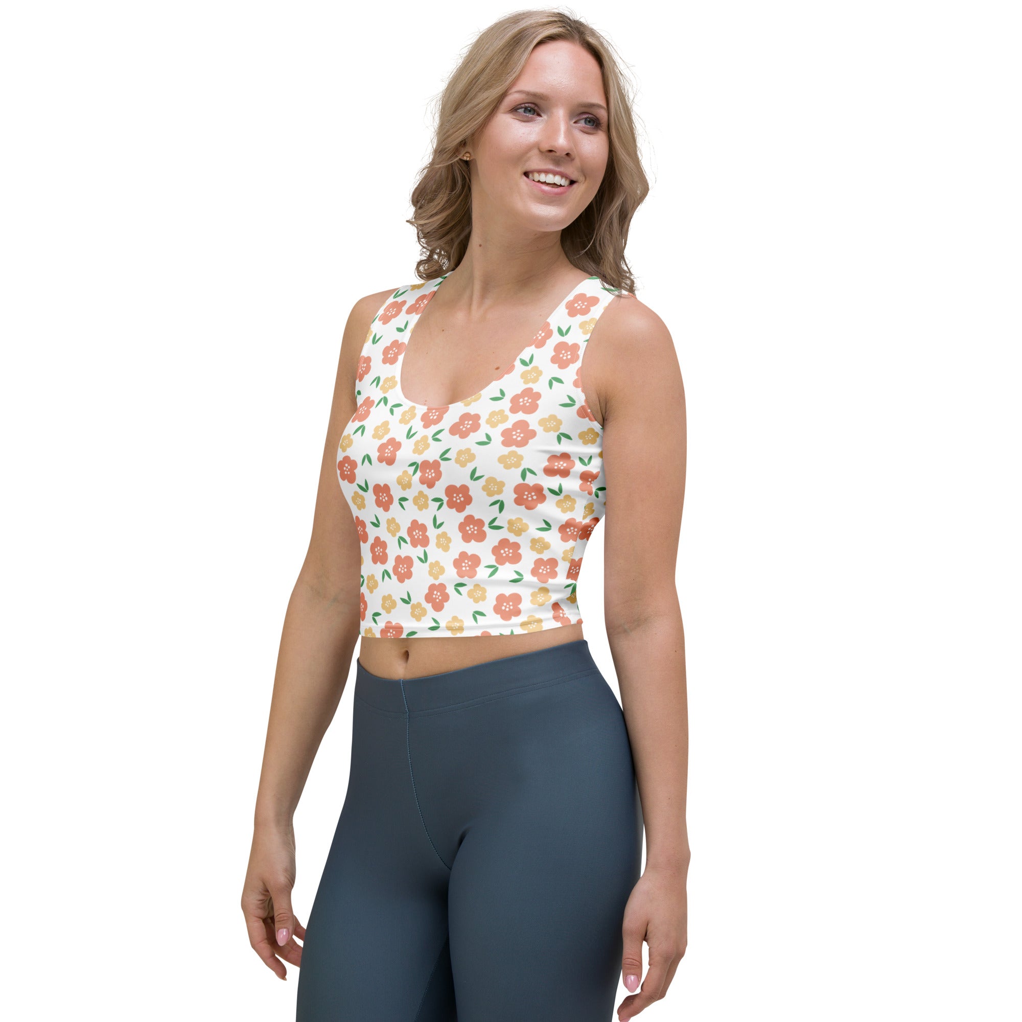 Women's Peach Floral Buttery Soft Crop Top- Quick-Drying UPF 50+ Stretch Top