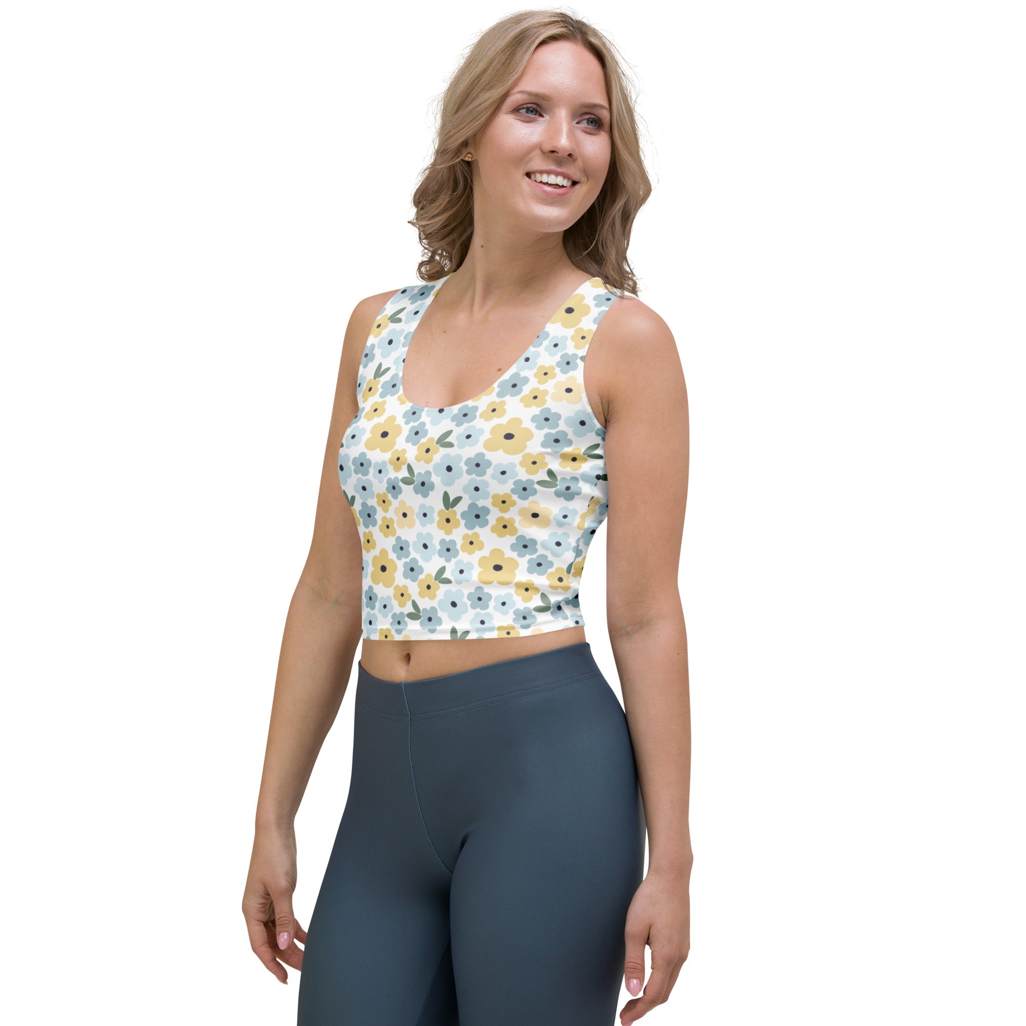 Women's Blue Yellow Daisyl Buttery Soft Crop Top- Quick-Drying UPF 50+ Stretch Top