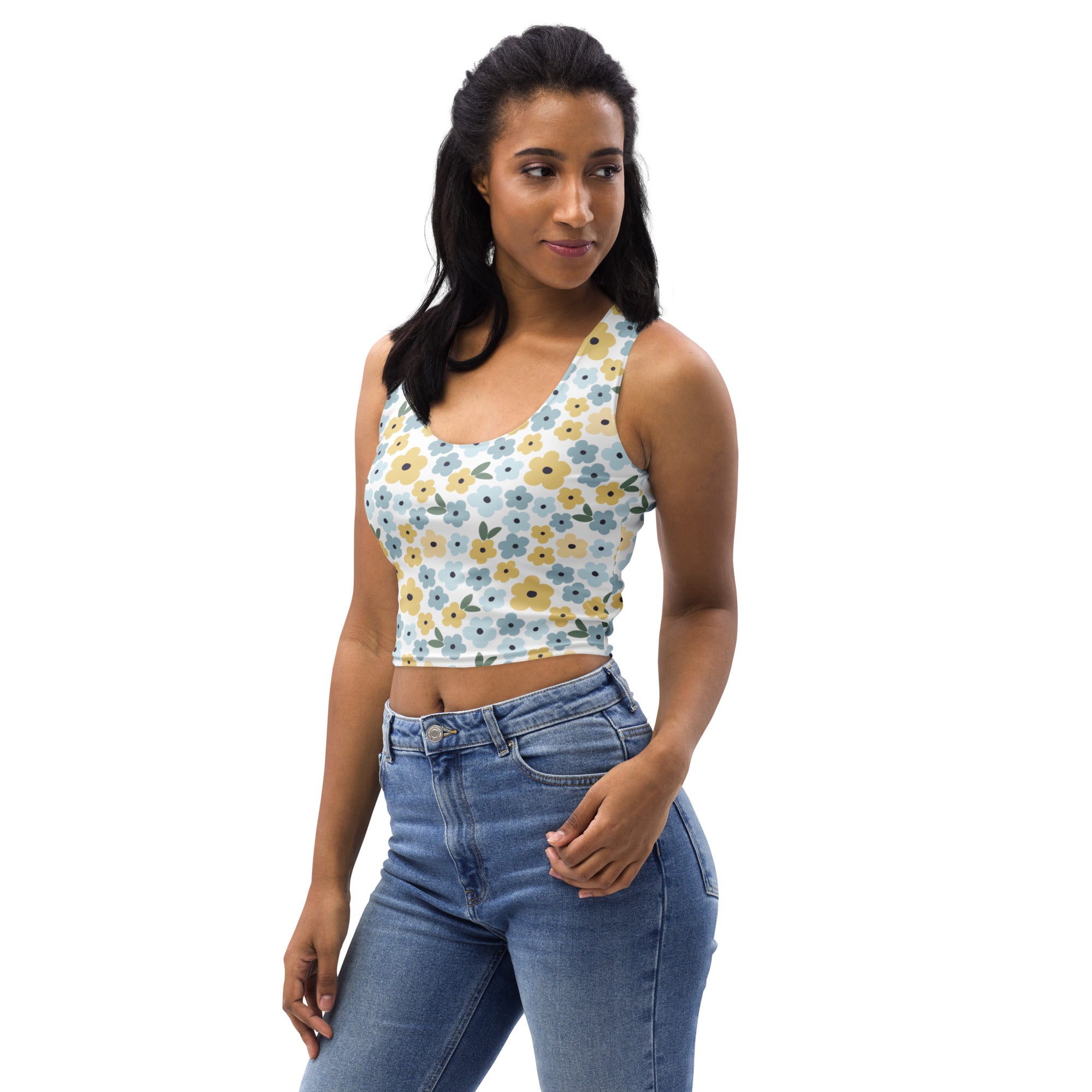 Women's Blue Yellow Daisyl Buttery Soft Crop Top- Quick-Drying UPF 50+ Stretch Top