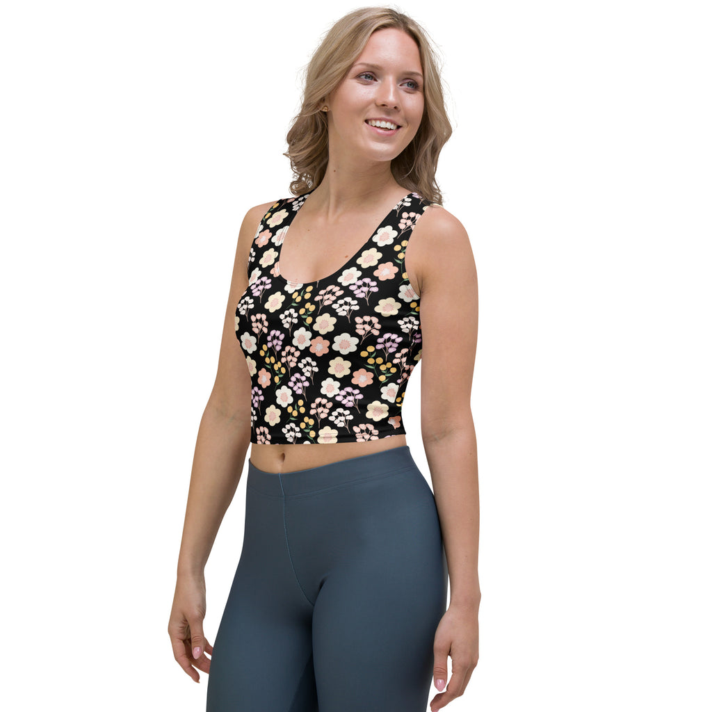 Women's Black Blush Floral Buttery Soft Crop Top- Quick-Drying UPF 50+ Stretch Top