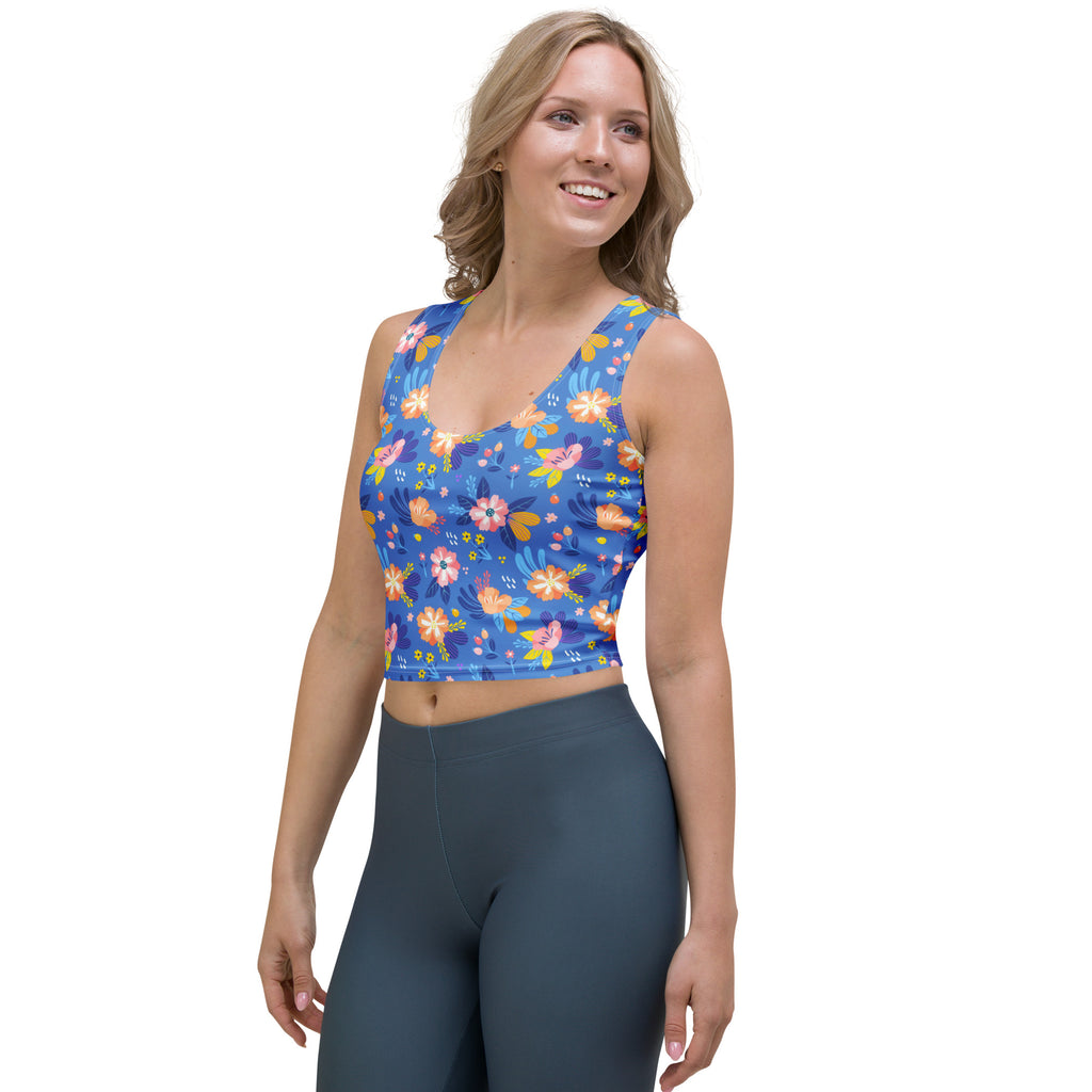 Women's Bright Blue Floral Buttery Soft Crop Top- Quick-Drying UPF 50+ Stretch Top