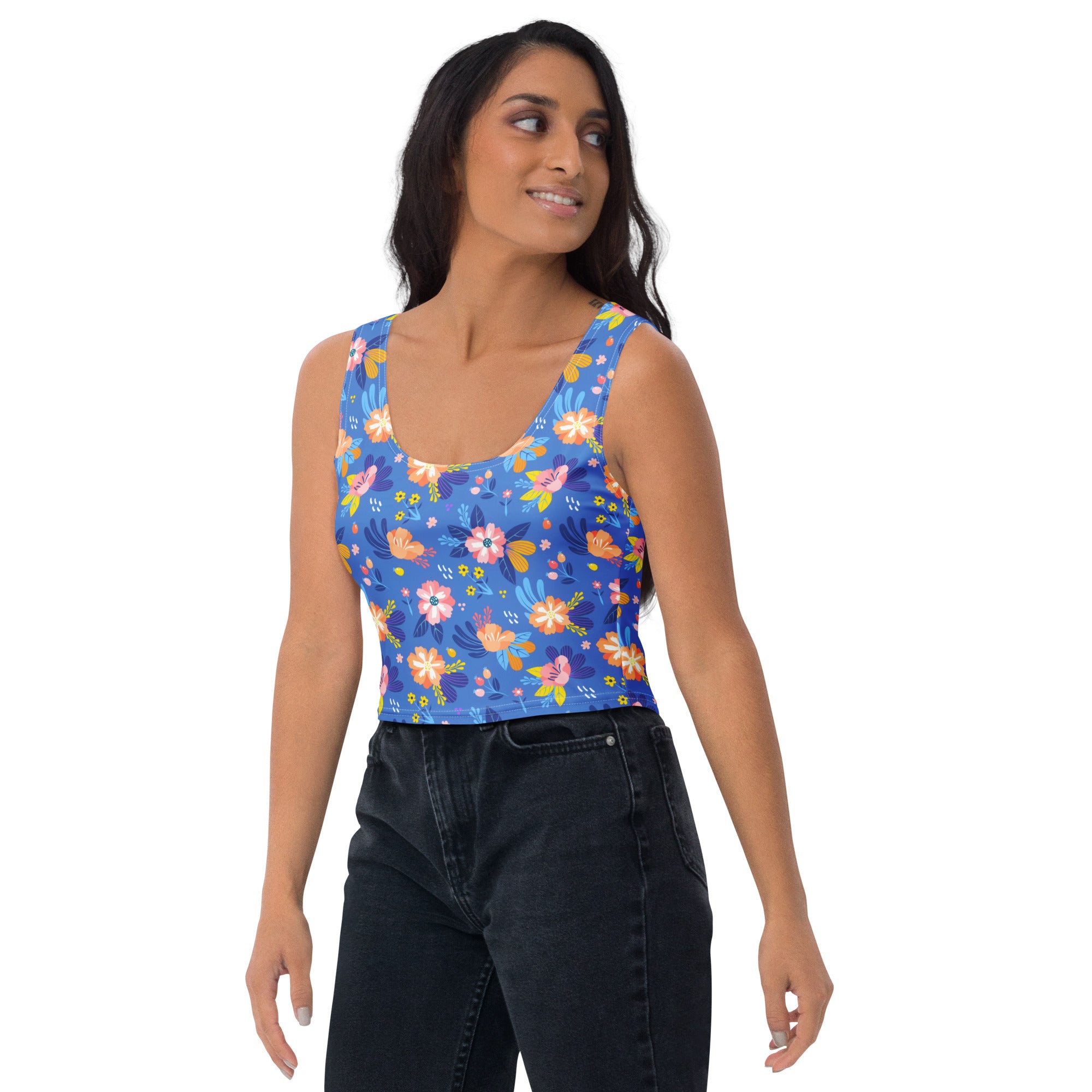 Women's Bright Blue Floral Buttery Soft Crop Top- Quick-Drying UPF 50+ Stretch Top