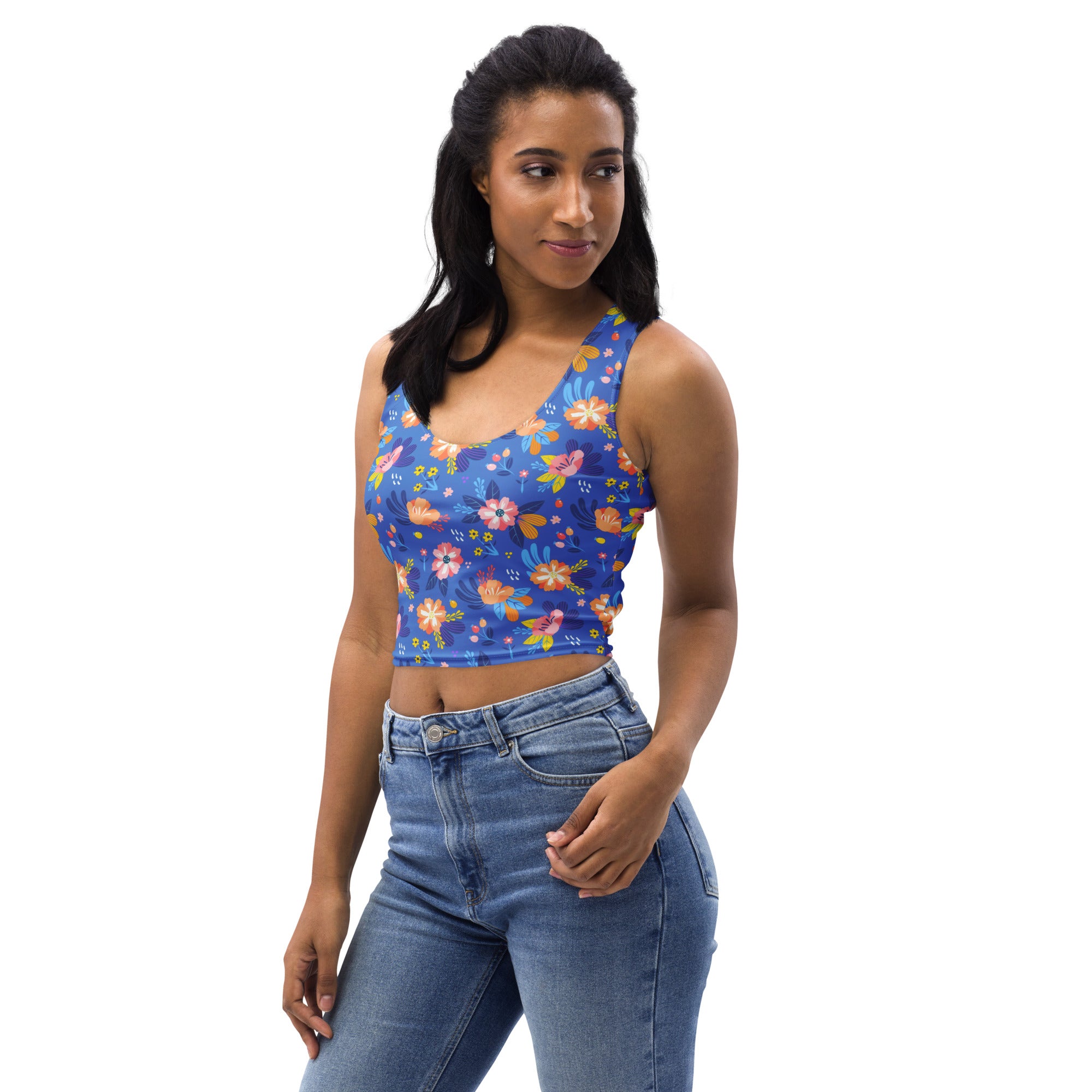 Women's Bright Blue Floral Buttery Soft Crop Top- Quick-Drying UPF 50+ Stretch Top