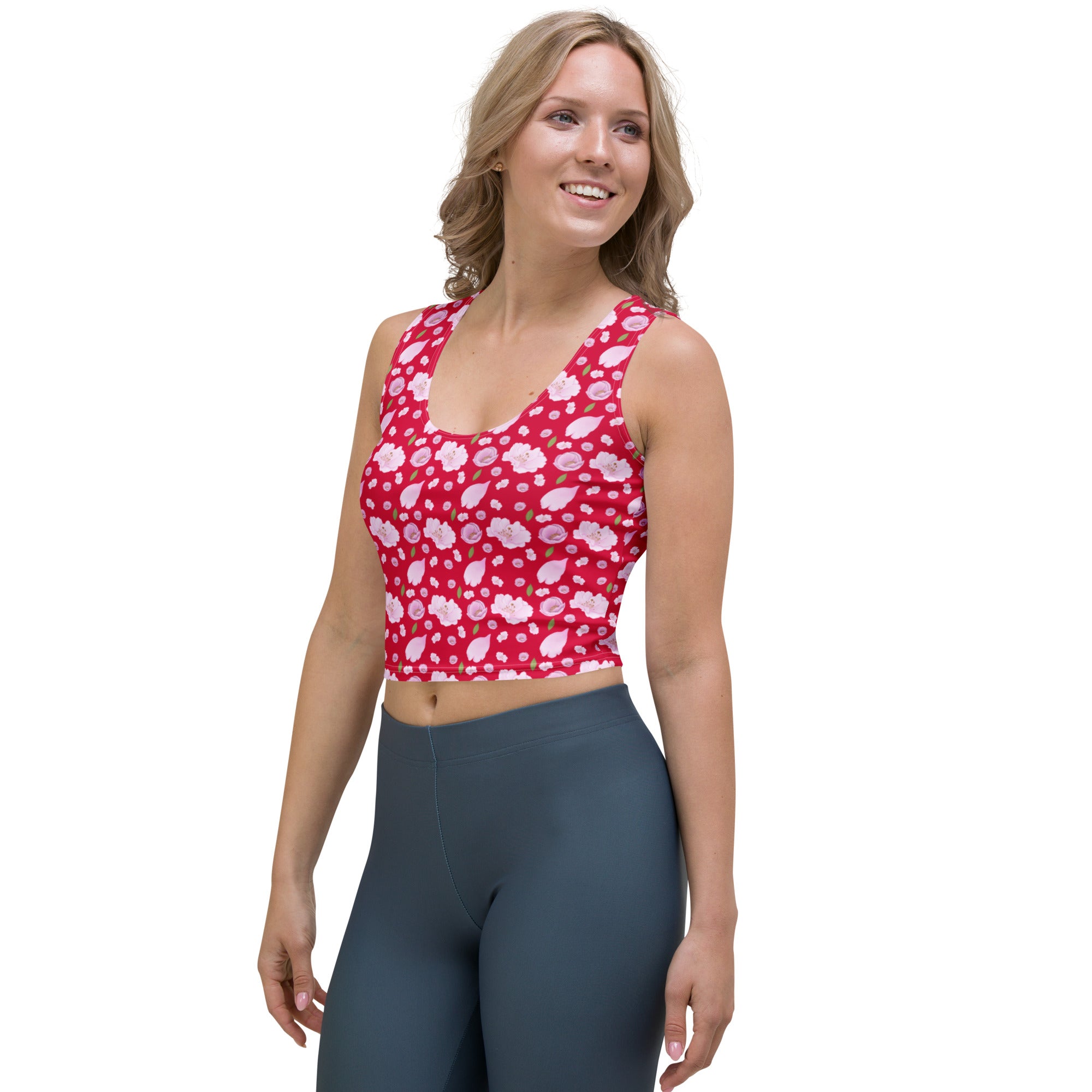 Women's Vibrant Red Floral Buttery Soft Crop Top- Quick-Drying UPF 50+ Stretch Top