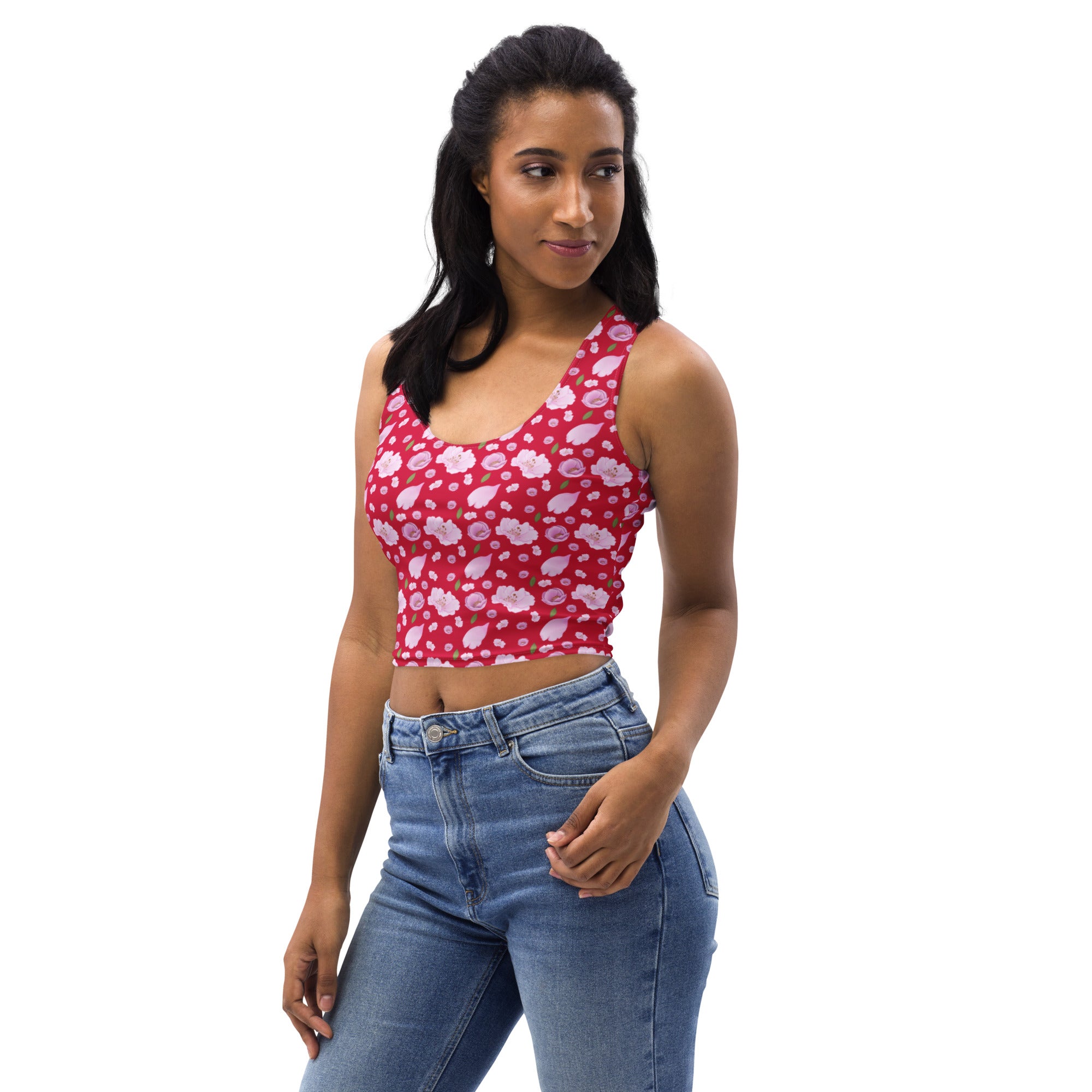 Women's Vibrant Red Floral Buttery Soft Crop Top- Quick-Drying UPF 50+ Stretch Top