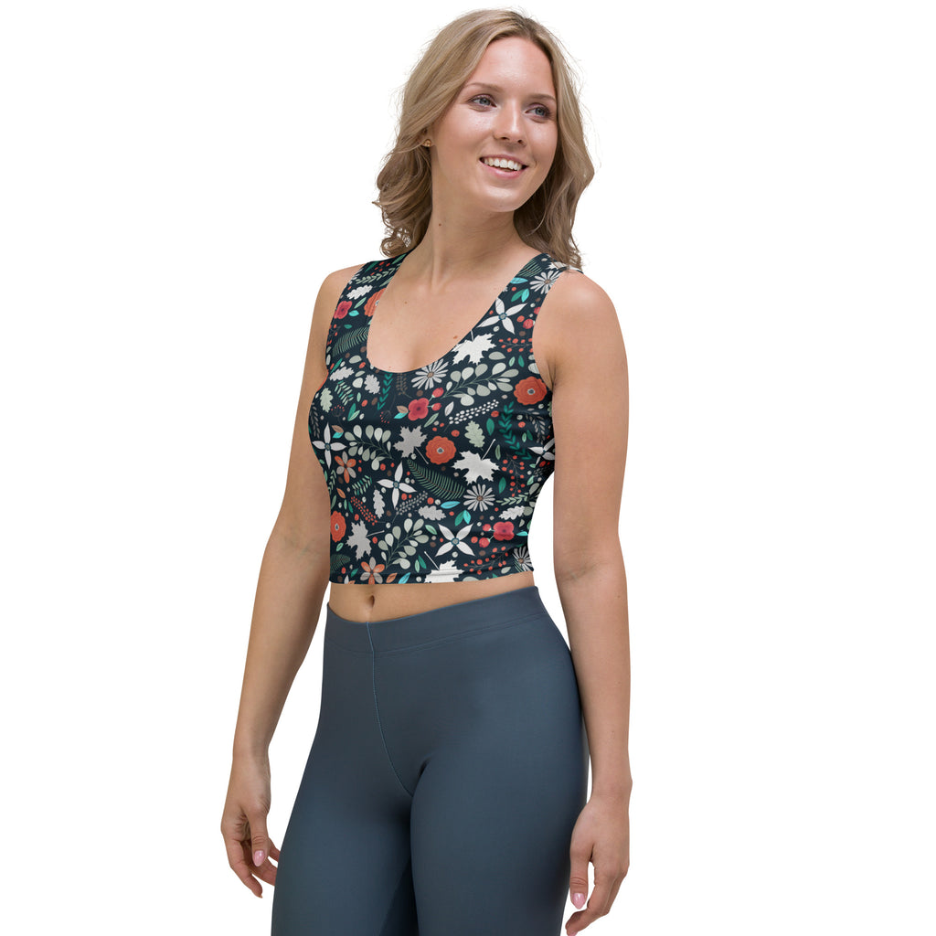 Women's Dark Botanical Floral Buttery Soft Crop Top- Quick-Drying UPF 50+ Stretch Top