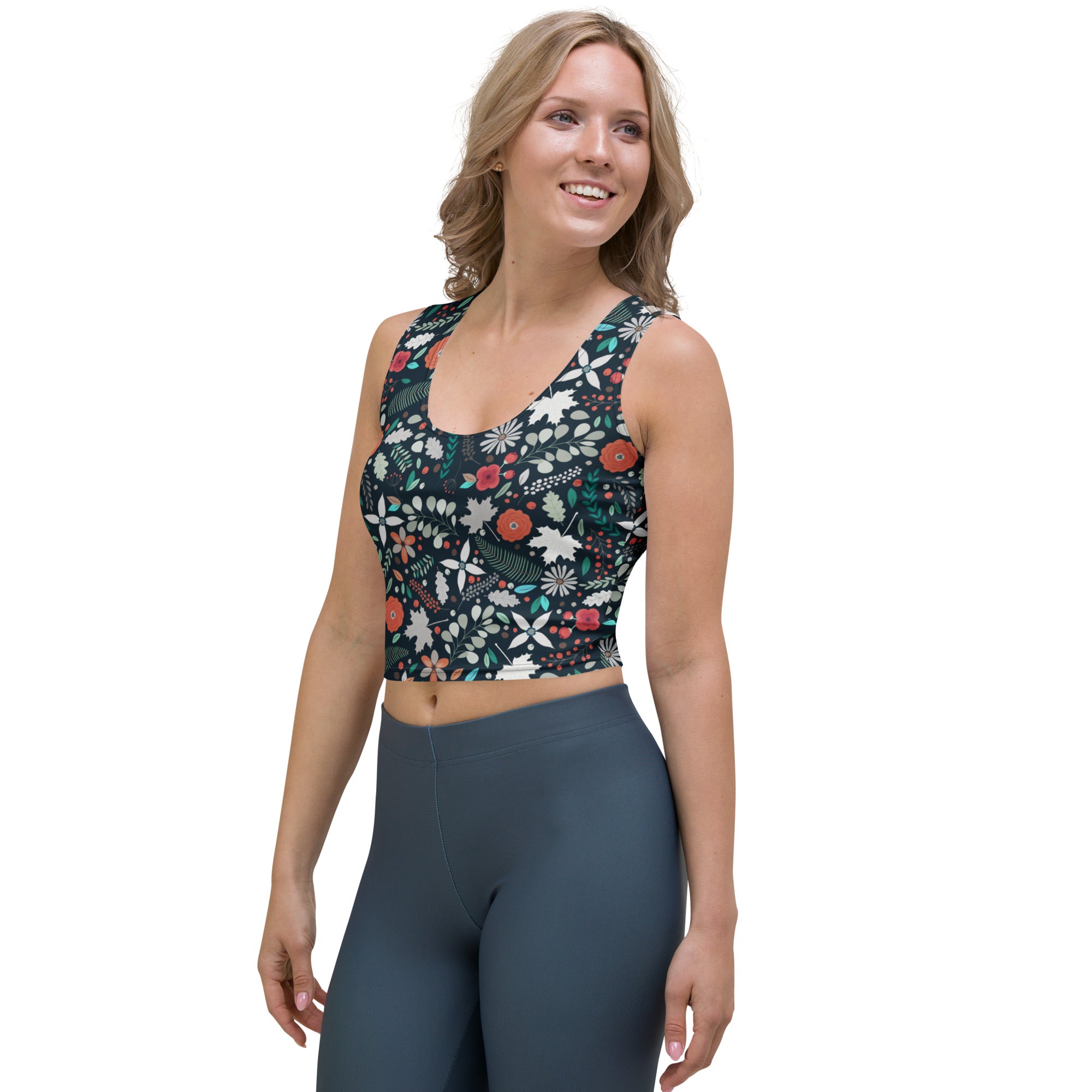 Women's Dark Botanical Floral Buttery Soft Crop Top- Quick-Drying UPF 50+ Stretch Top