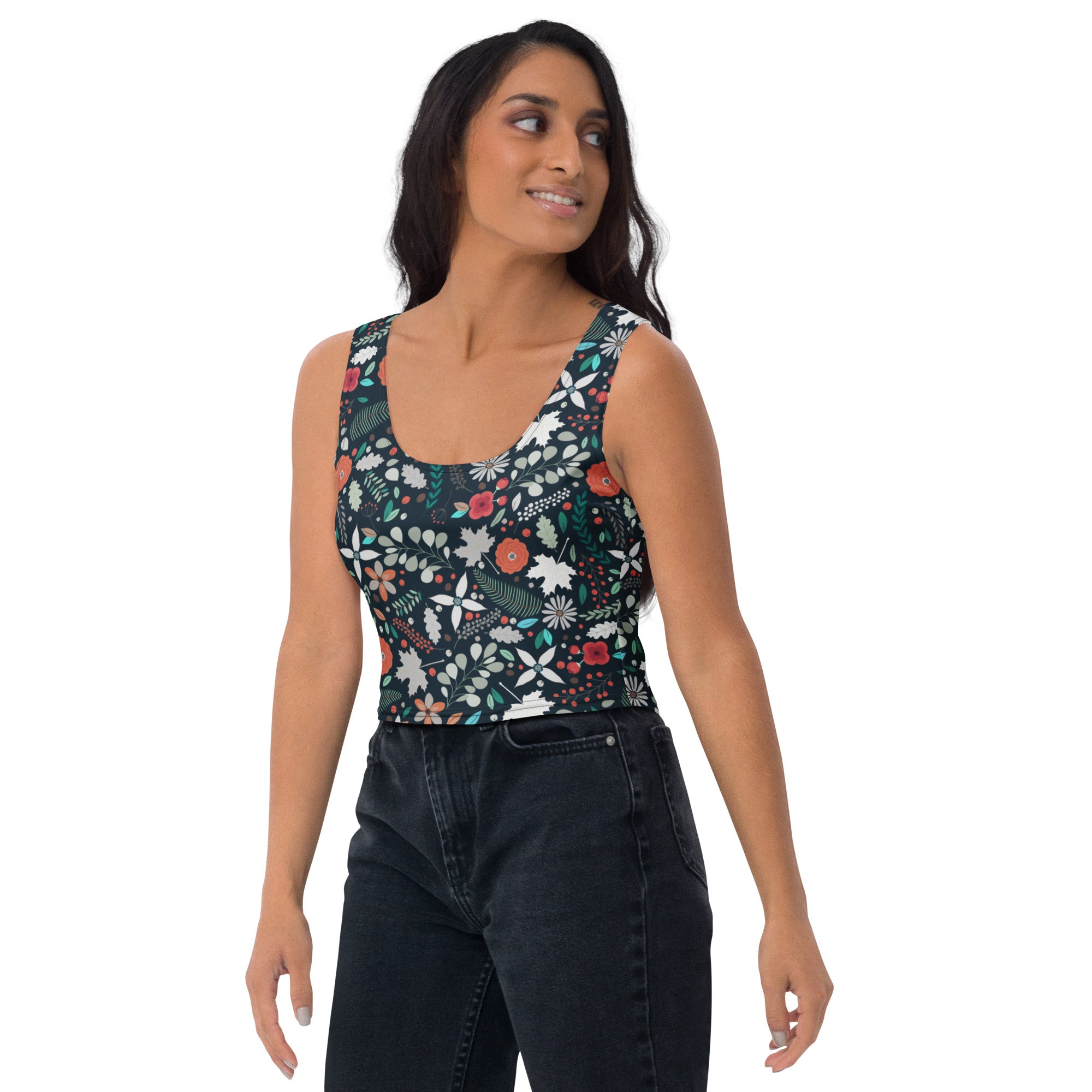 Women's Dark Botanical Floral Buttery Soft Crop Top- Quick-Drying UPF 50+ Stretch Top