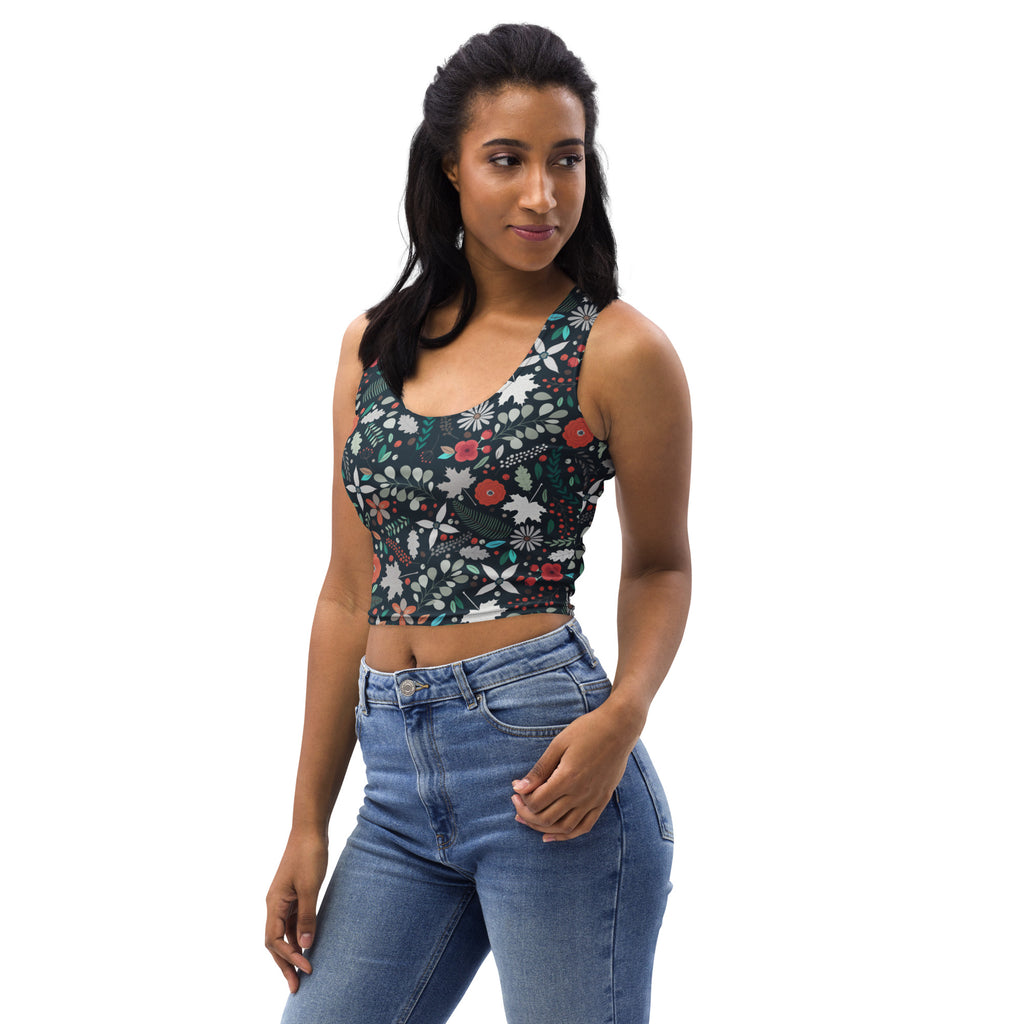 Women's Dark Botanical Floral Buttery Soft Crop Top- Quick-Drying UPF 50+ Stretch Top
