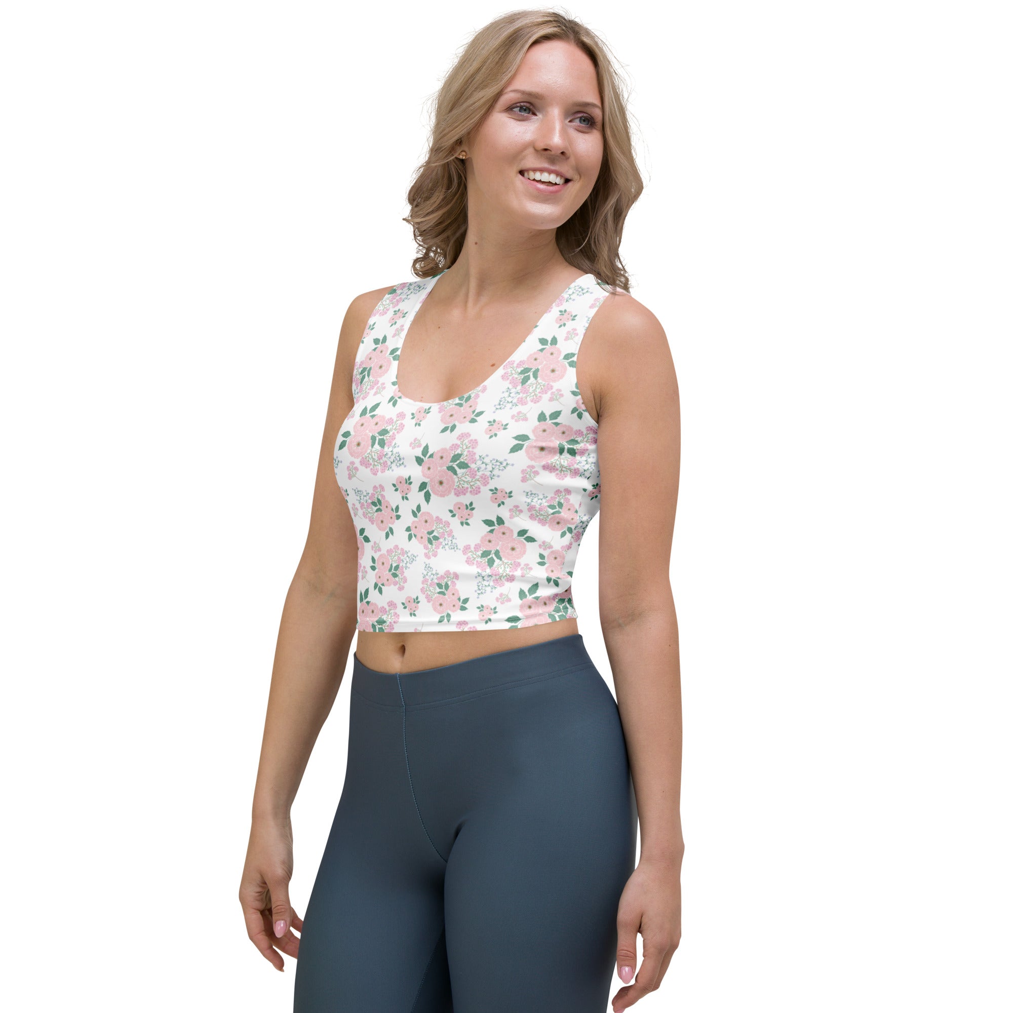 Women's Pink Bouquet Floral Buttery Soft Crop Top- Quick-Drying UPF 50+ Stretch Top