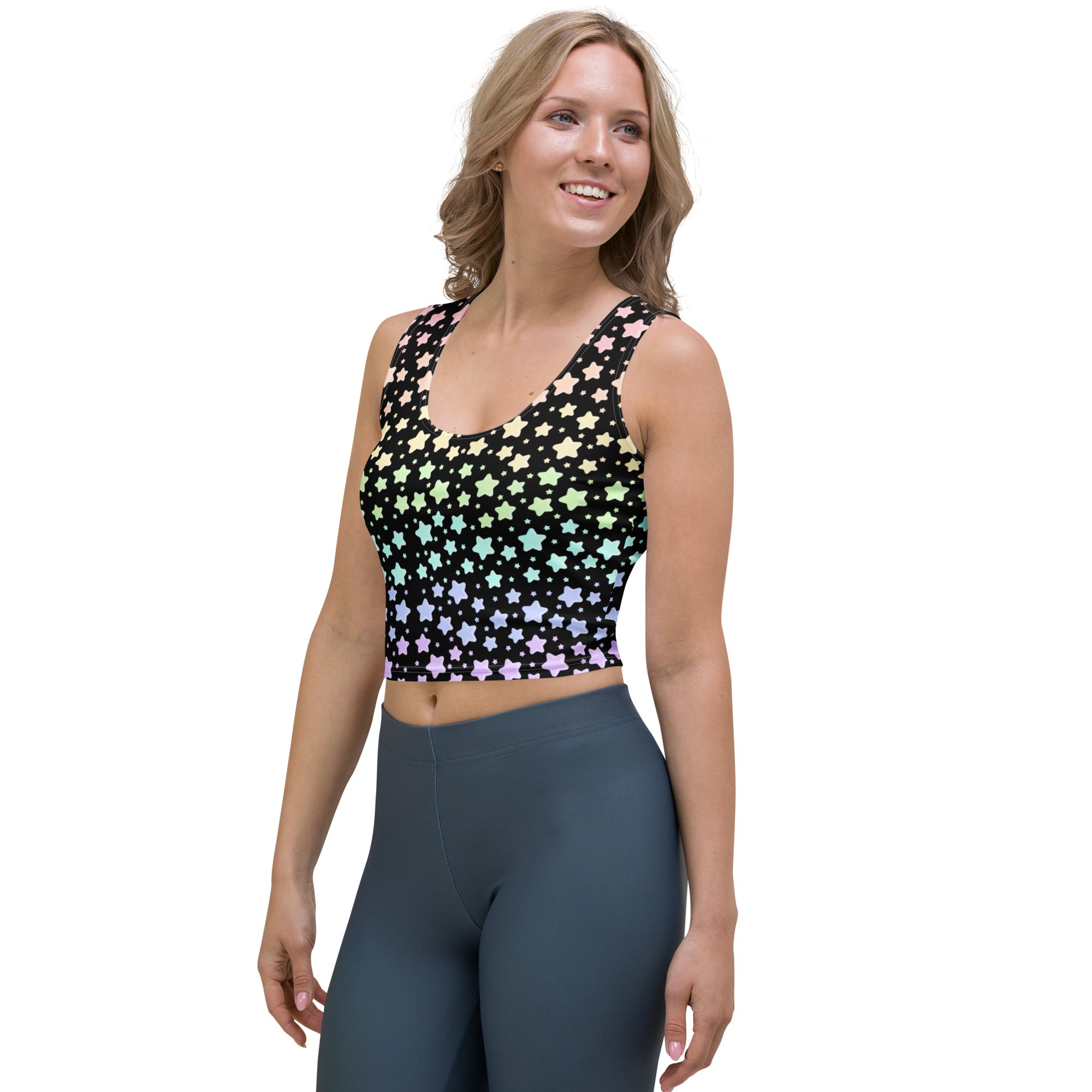 Women's Pastel Rainbow Star Buttery Soft Crop Top- Quick-Drying UPF 50+ Stretch Top