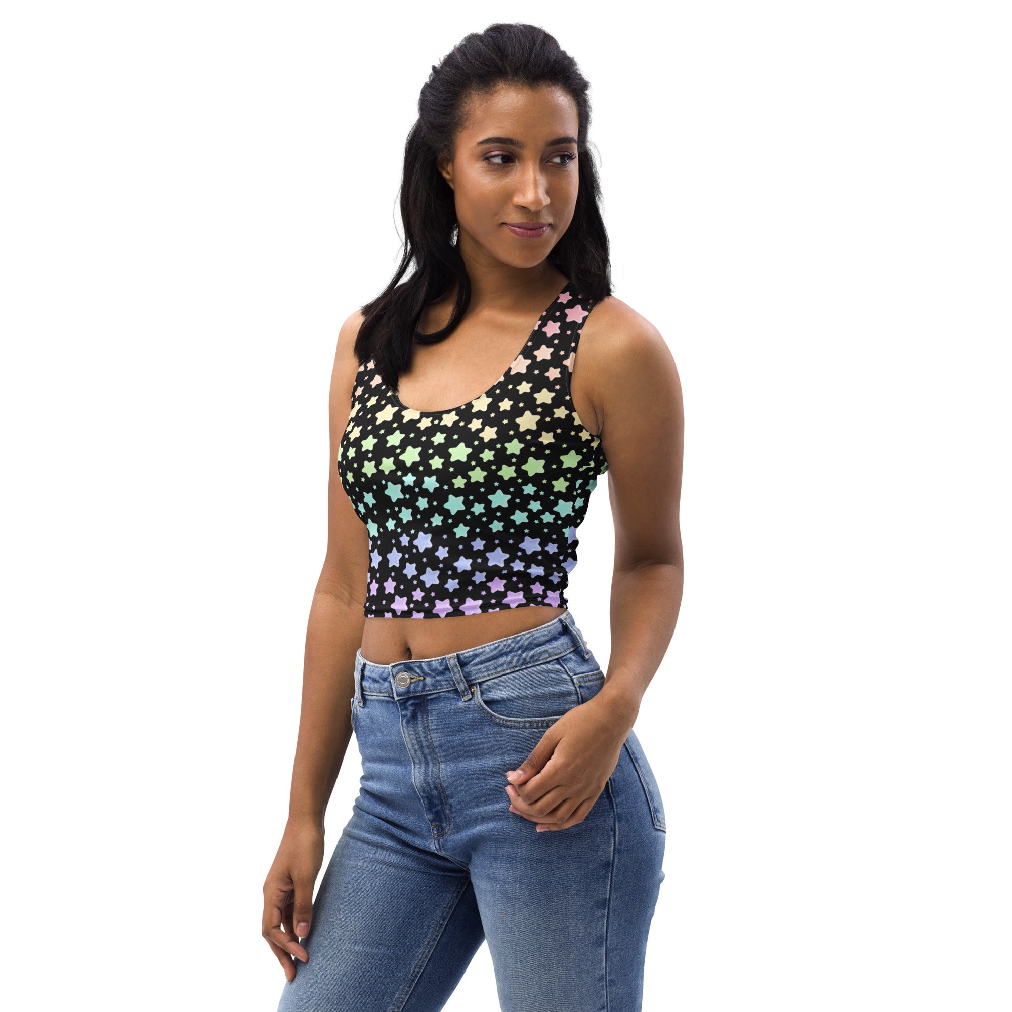Women's Pastel Rainbow Star Buttery Soft Crop Top- Quick-Drying UPF 50+ Stretch Top