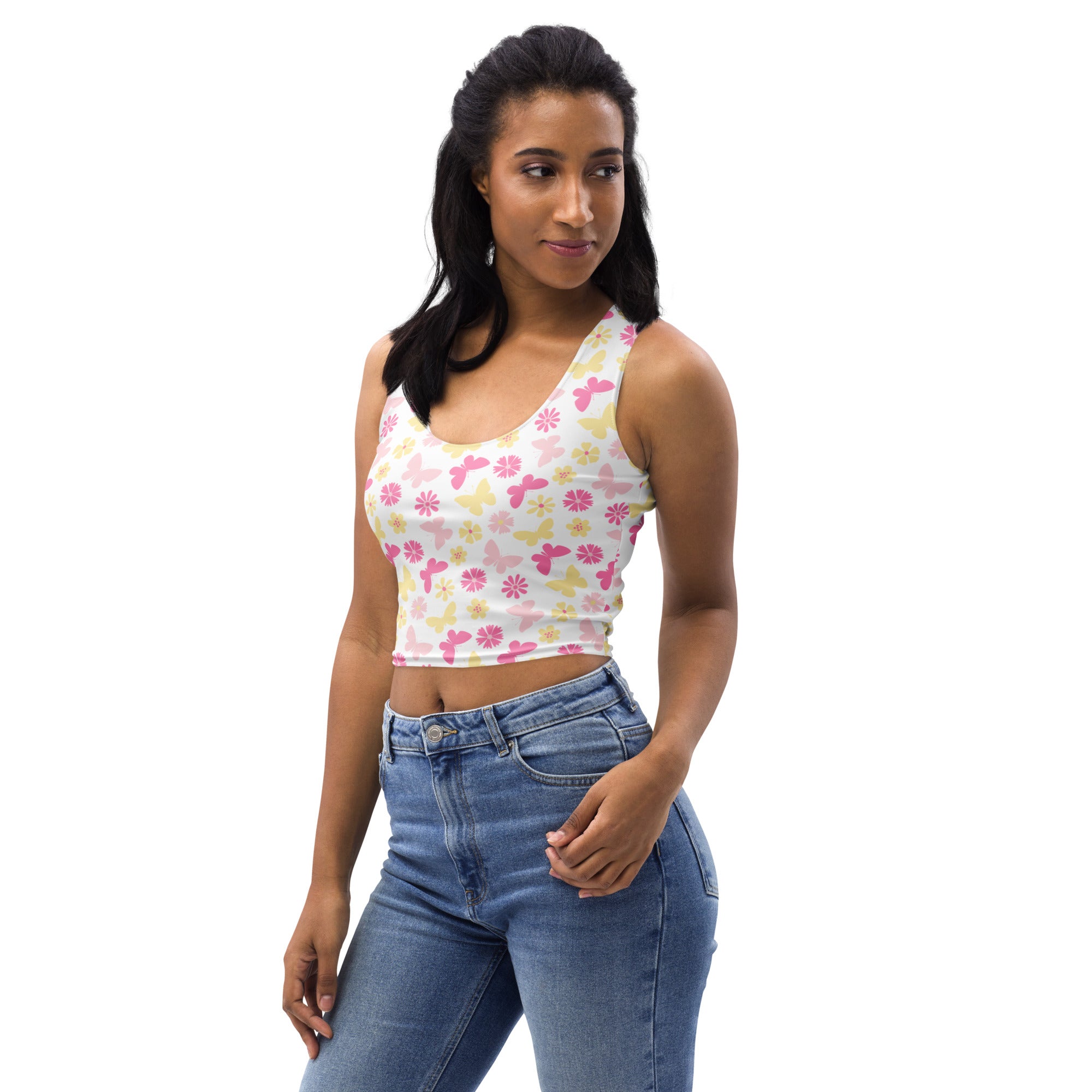 Women's Spring Butterflies Buttery Soft Crop Top- Quick-Drying UPF 50+ Stretch Top
