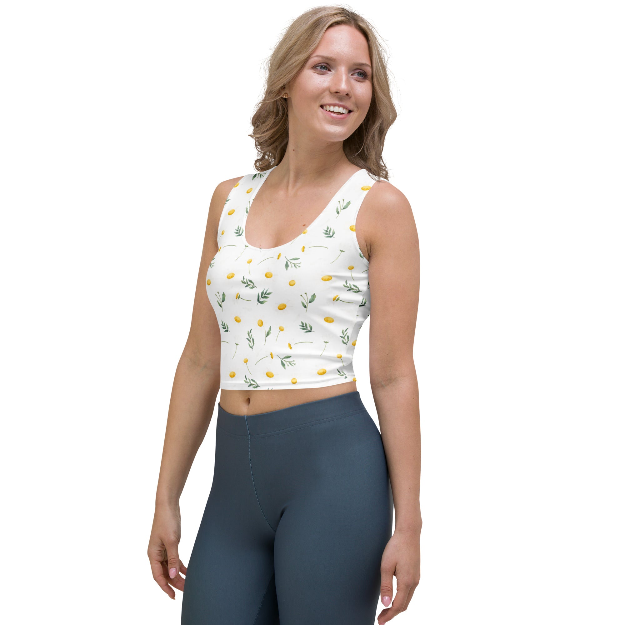 Women's Yellow Botanical Buttery Soft Crop Top- Quick-Drying UPF 50+ Stretch Top