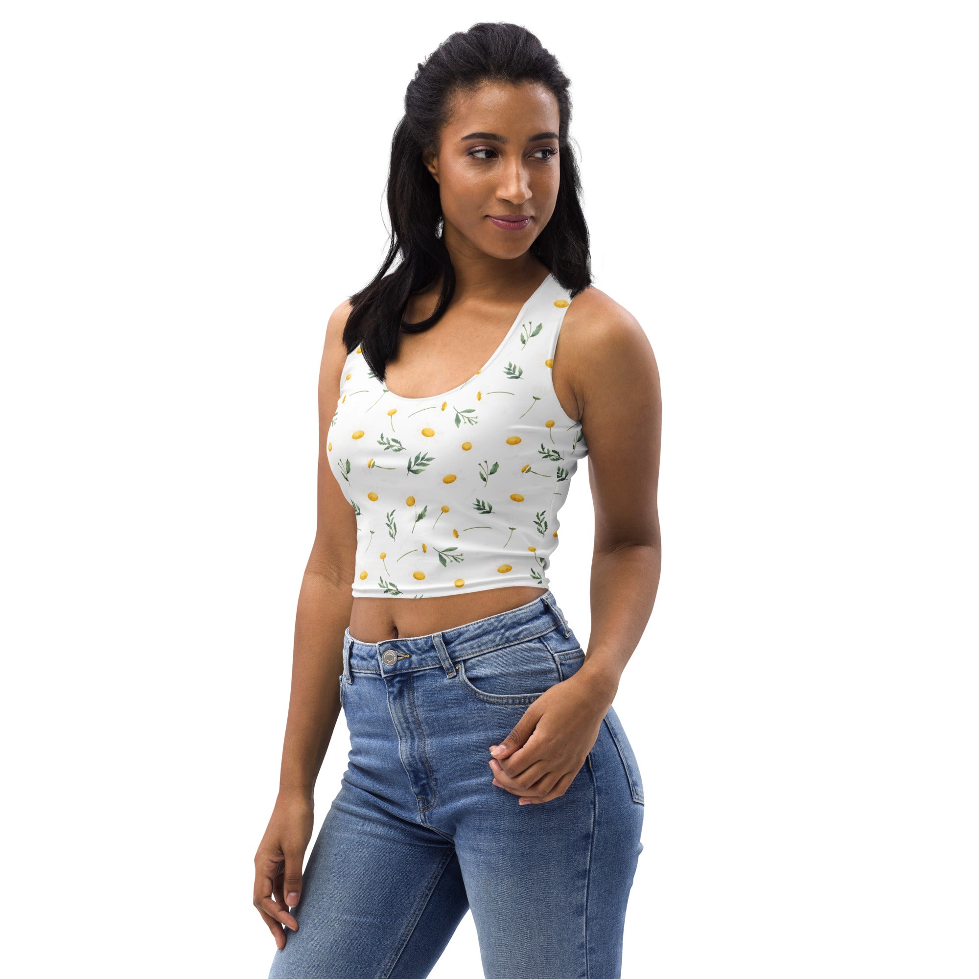 Women's Yellow Botanical Buttery Soft Crop Top- Quick-Drying UPF 50+ Stretch Top