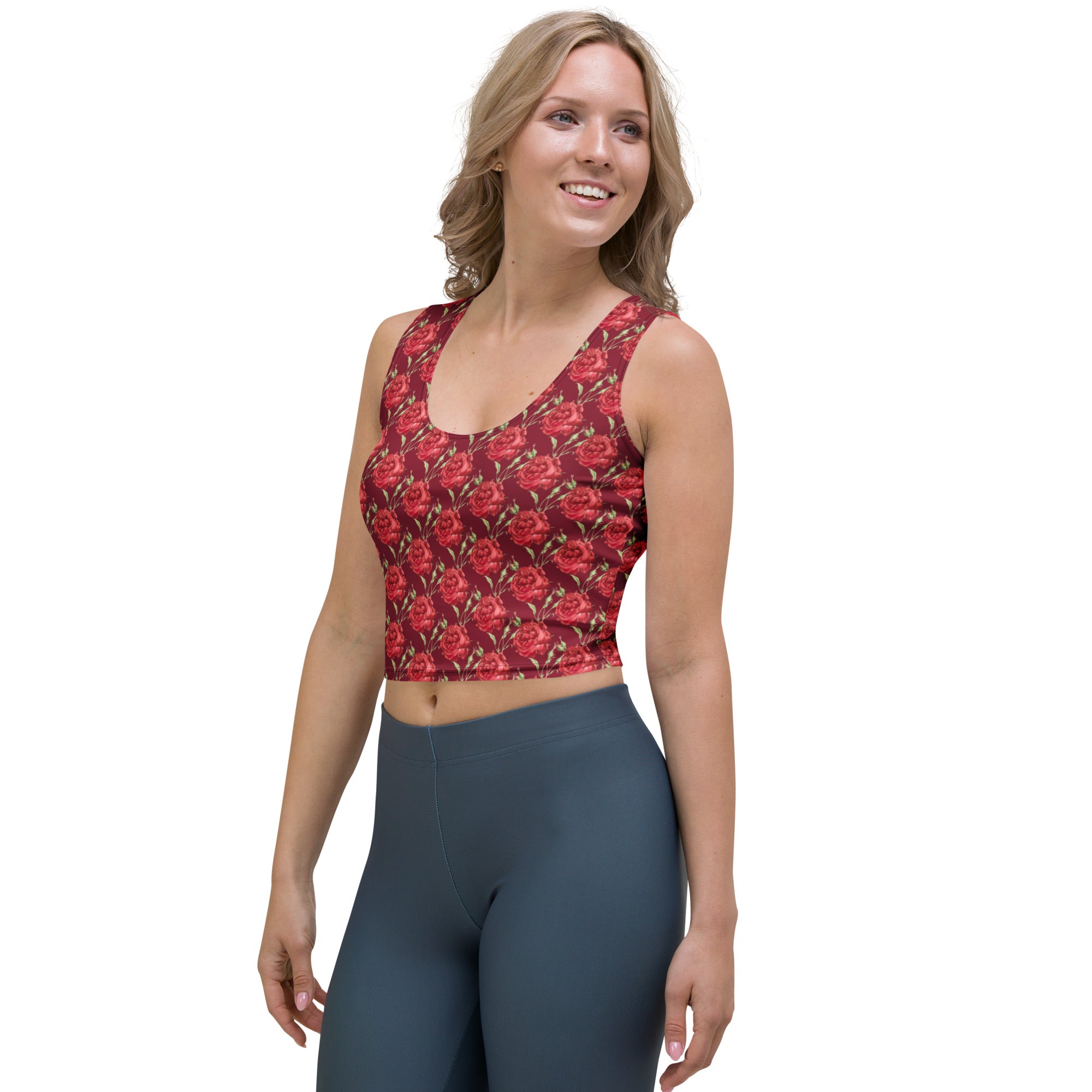 Women's Burgundy Rose Buttery Soft Crop Top- Quick-Drying UPF 50+ Stretch Top