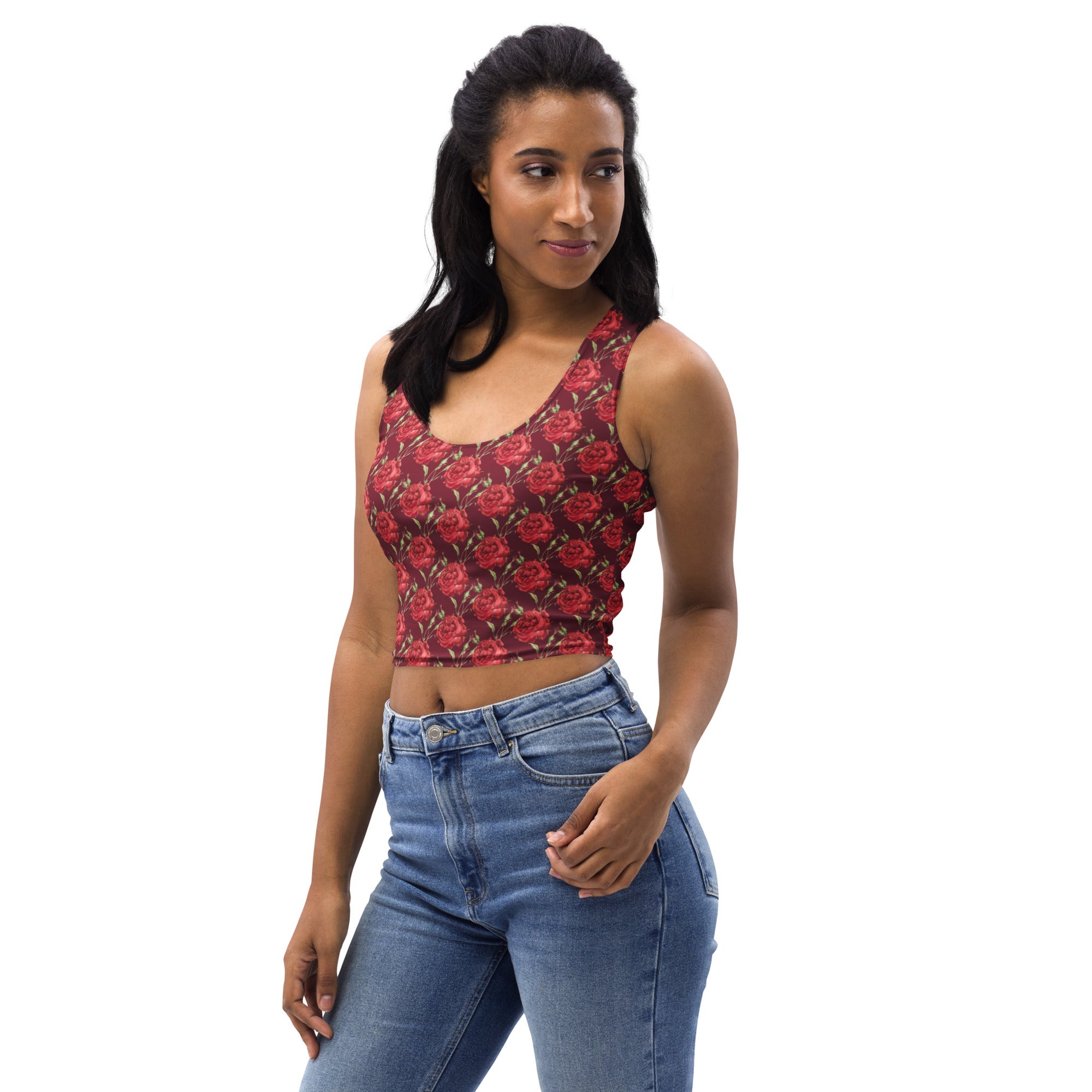 Women's Burgundy Rose Buttery Soft Crop Top- Quick-Drying UPF 50+ Stretch Top