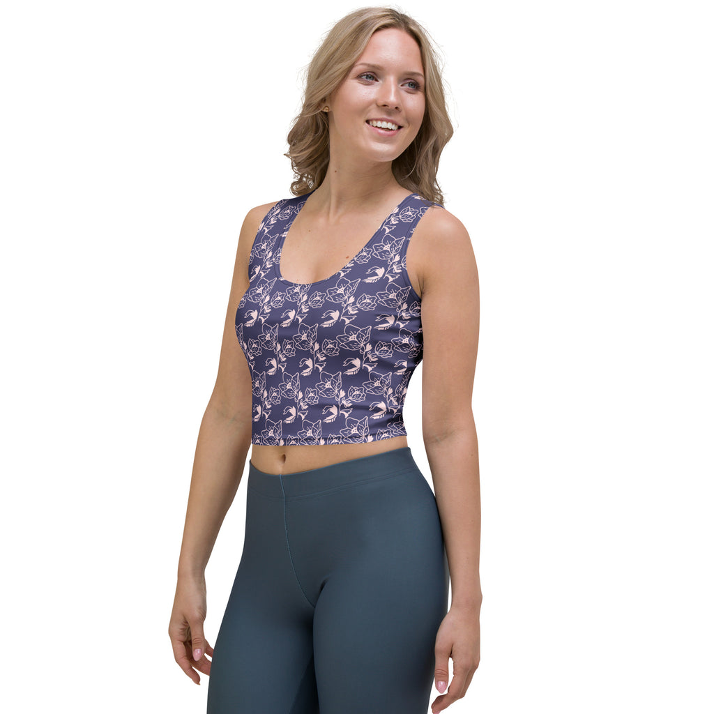 Women's Navy Purple Floral Buttery Soft Crop Top- Quick-Drying UPF 50+ Stretch Top