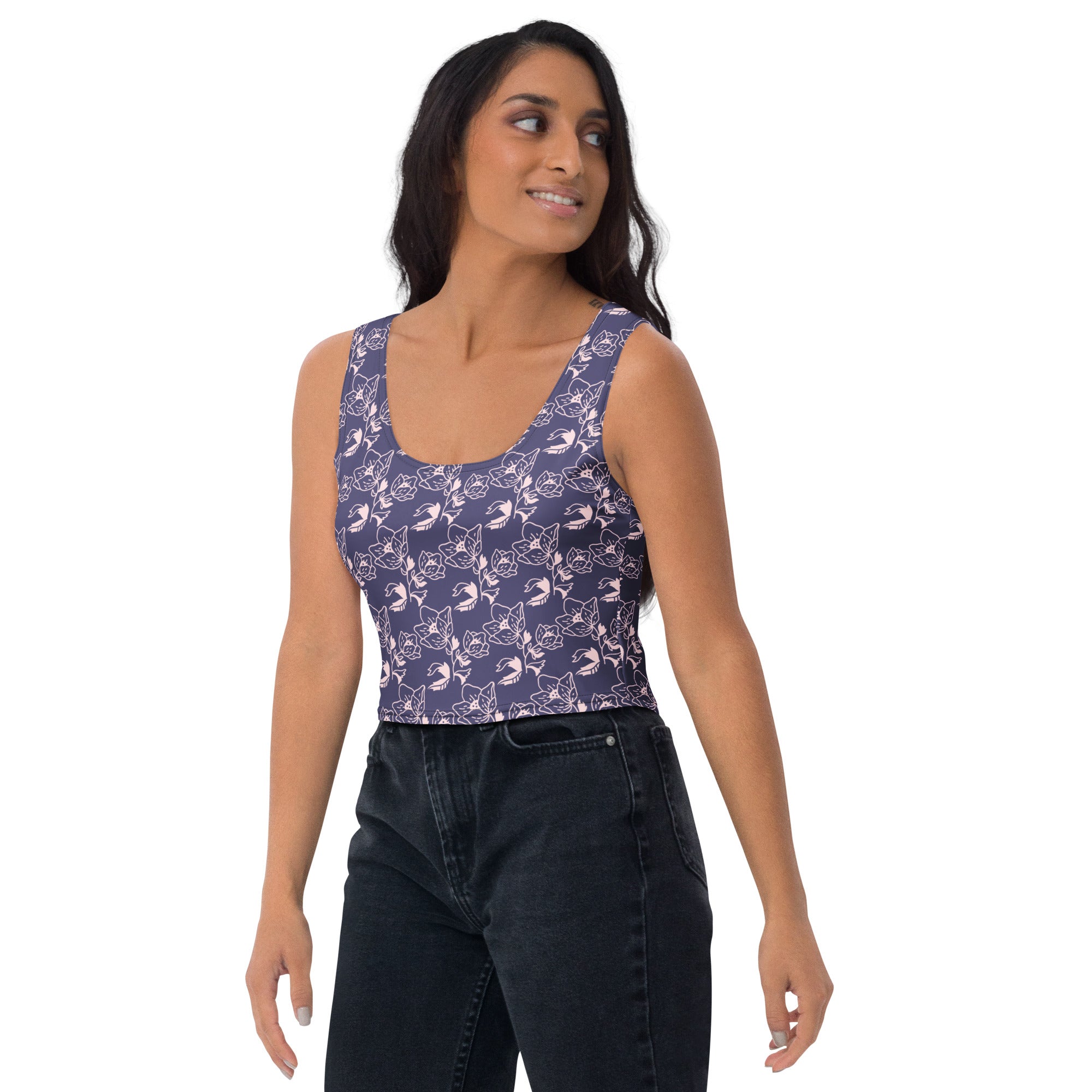Women's Navy Purple Floral Buttery Soft Crop Top- Quick-Drying UPF 50+ Stretch Top