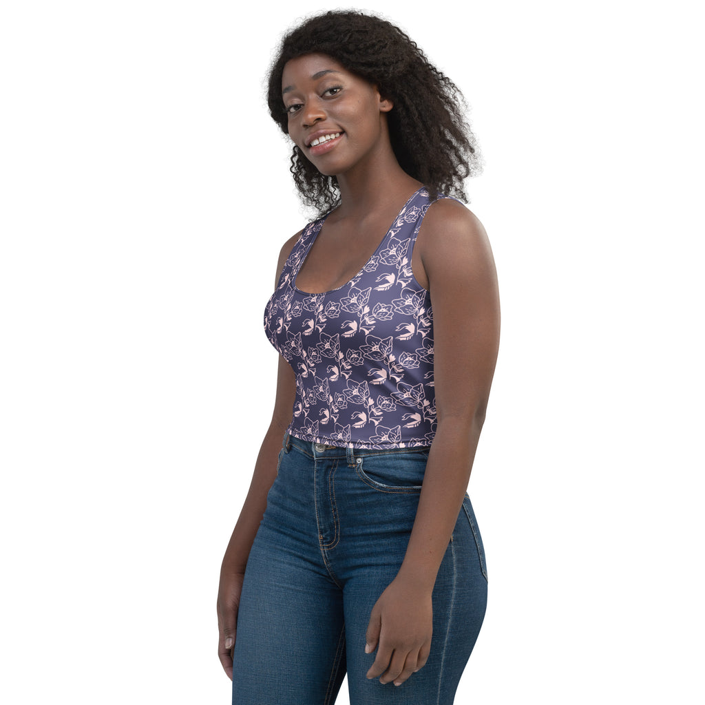 Women's Navy Purple Floral Buttery Soft Crop Top- Quick-Drying UPF 50+ Stretch Top