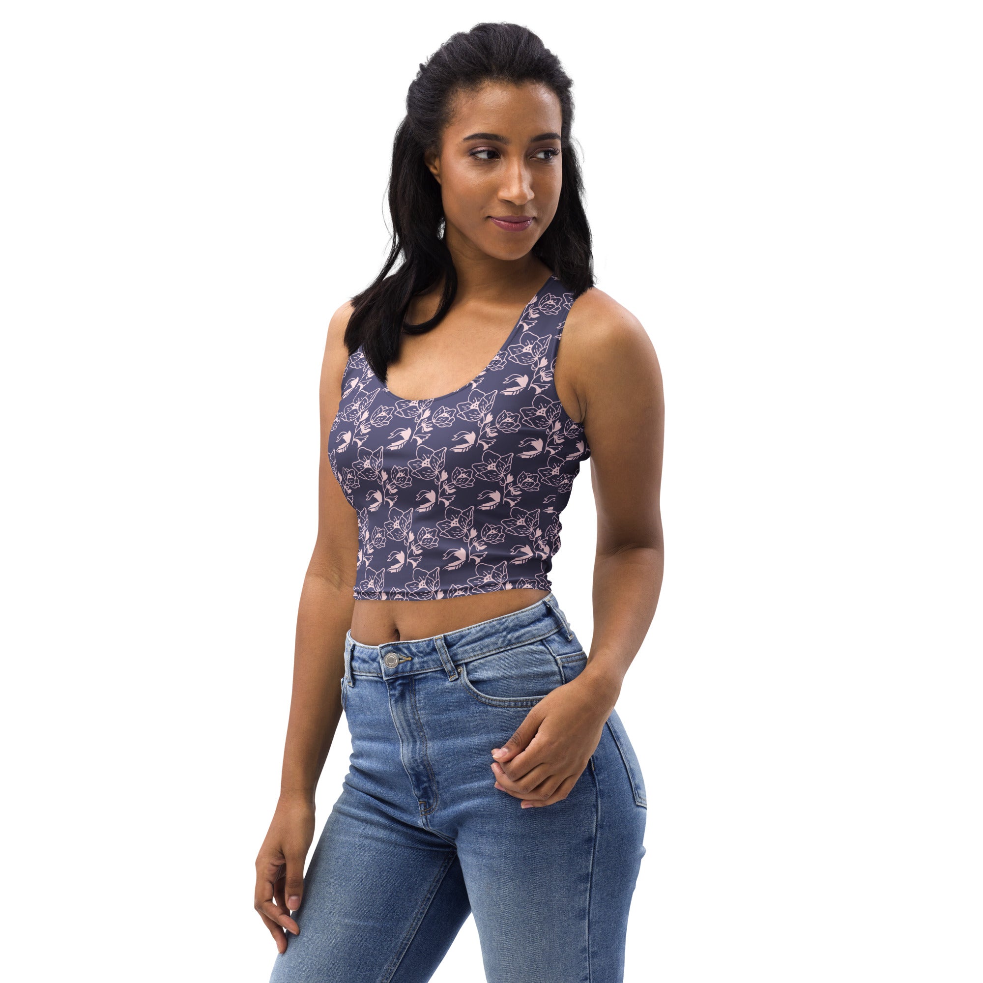 Women's Navy Purple Floral Buttery Soft Crop Top- Quick-Drying UPF 50+ Stretch Top