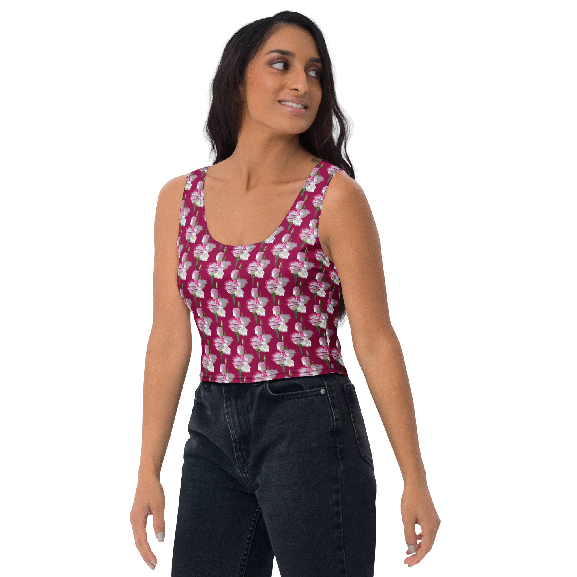 Women's Magenta Floral Buttery Soft Crop Top- Quick-Drying UPF 50+ Stretch Top