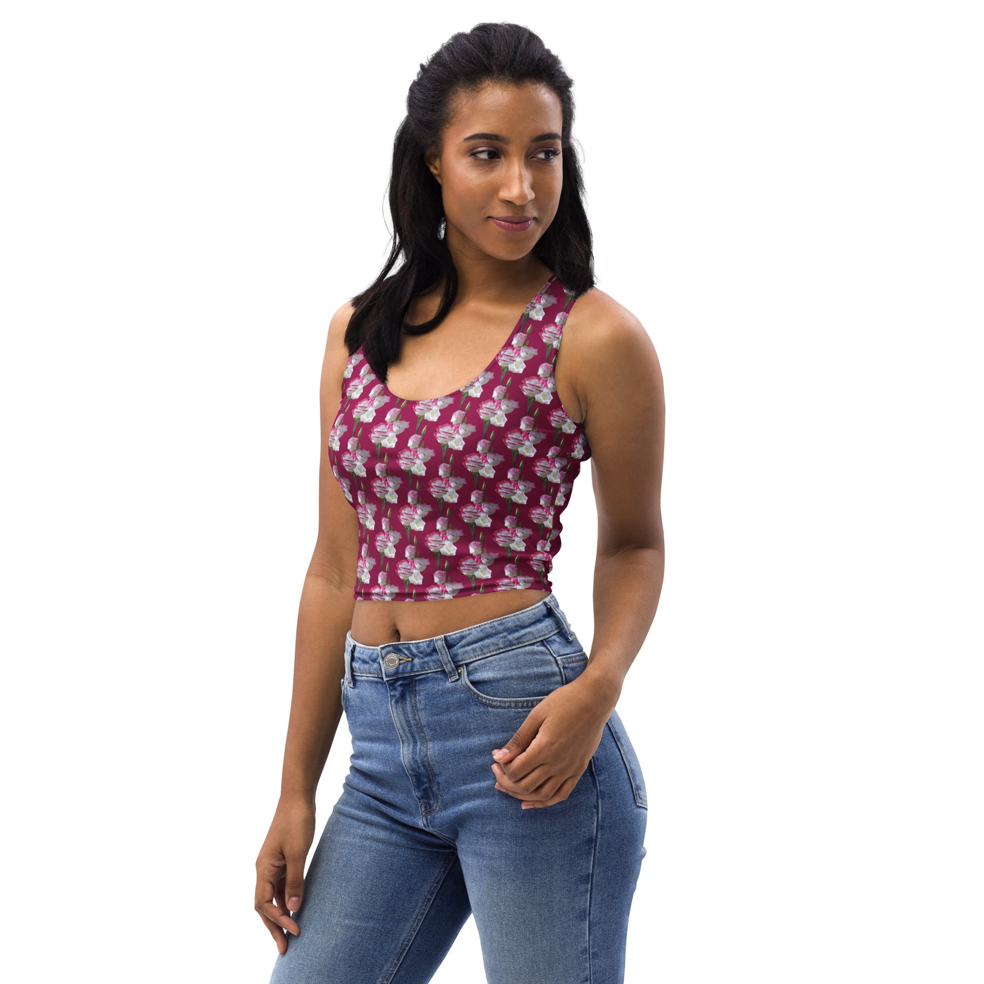Women's Magenta Floral Buttery Soft Crop Top- Quick-Drying UPF 50+ Stretch Top