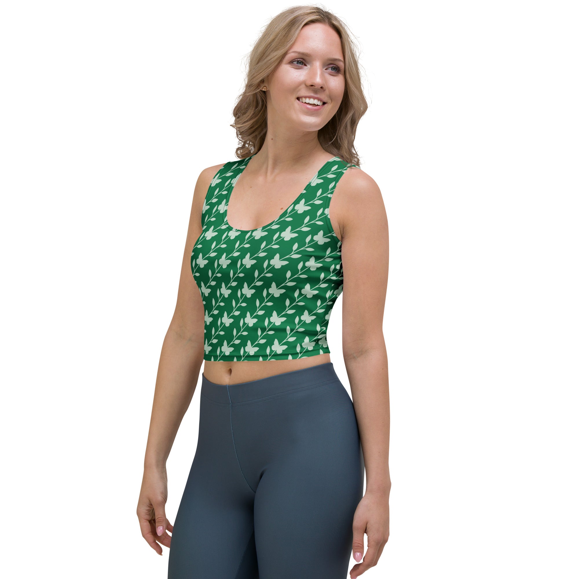 Women's Green Butterfly Buttery Soft Crop Top- Quick-Drying UPF 50+ Stretch Top