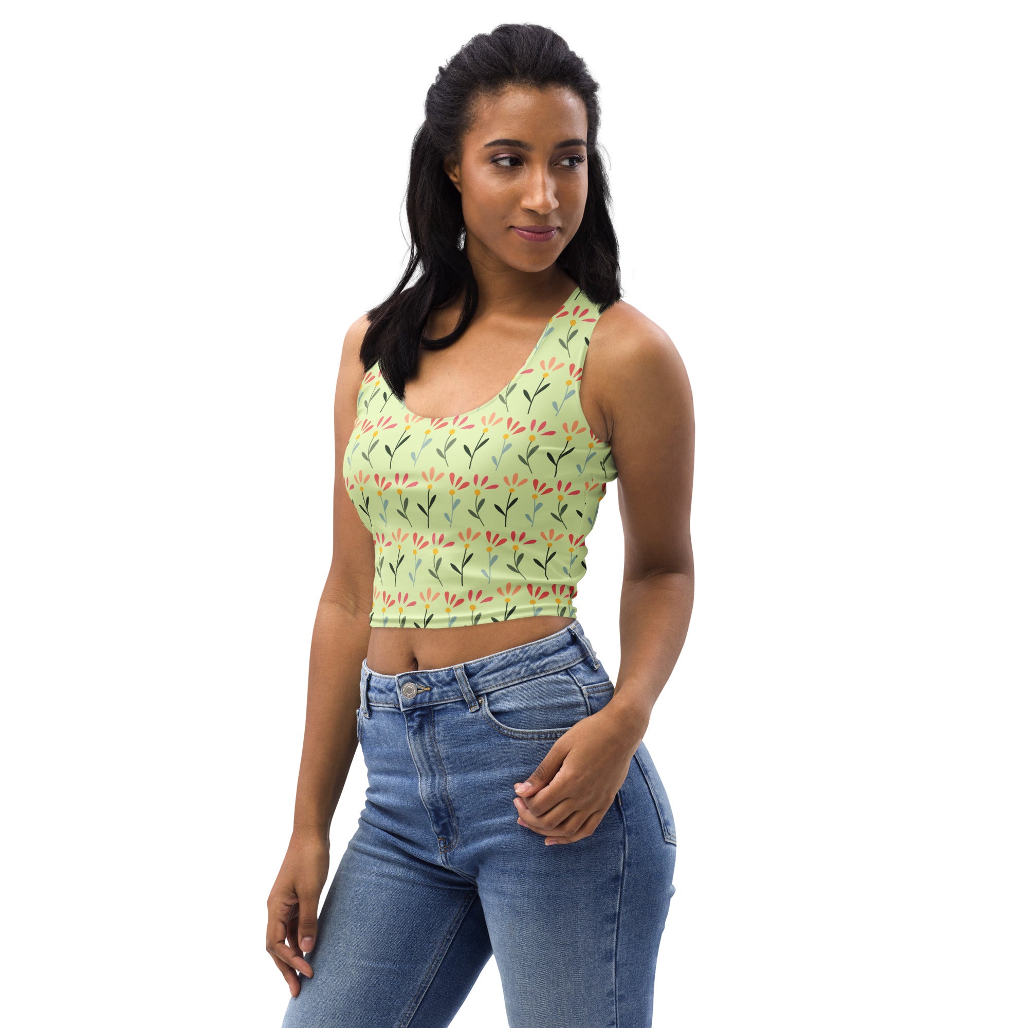 Women's Light Green Daisy Buttery Soft Crop Top- Quick-Drying UPF 50+ Stretch Top