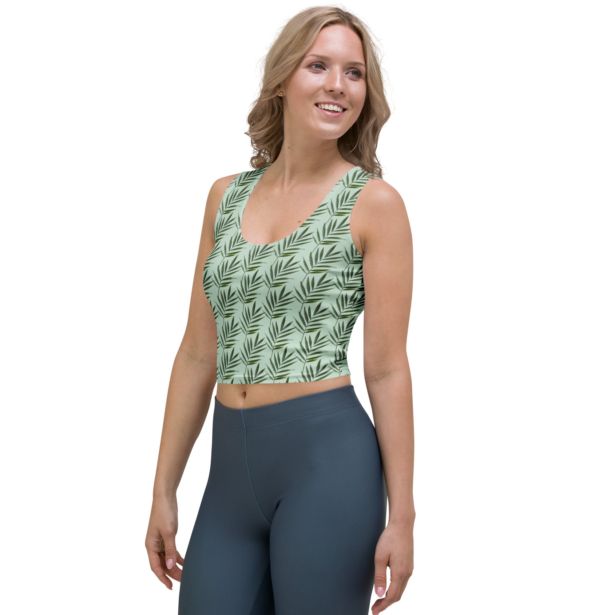 Women's Sage Palm Leaf Buttery Soft Crop Top- Quick-Drying UPF 50+ Stretch Top