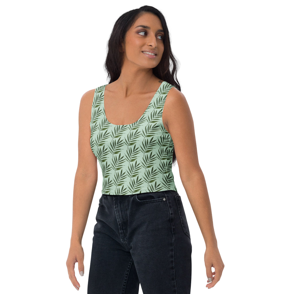 Women's Sage Palm Leaf Buttery Soft Crop Top- Quick-Drying UPF 50+ Stretch Top