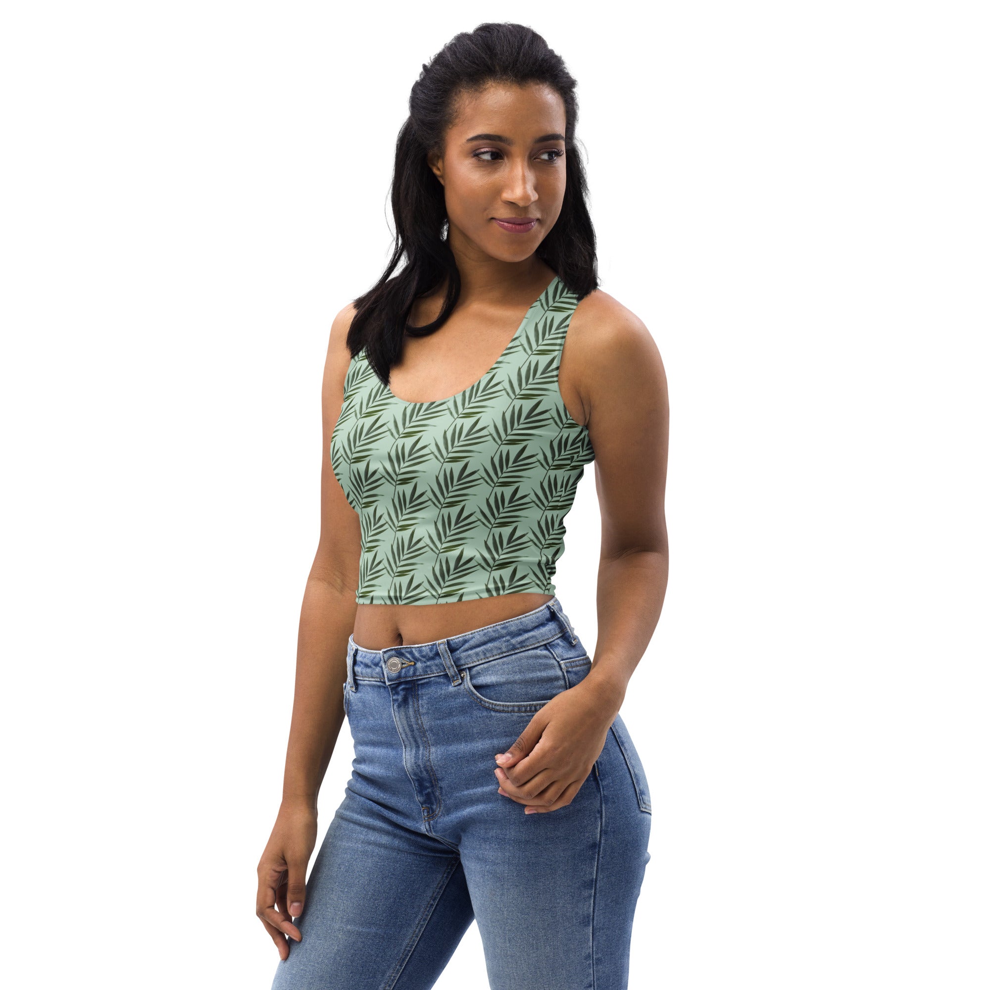 Women's Sage Palm Leaf Buttery Soft Crop Top- Quick-Drying UPF 50+ Stretch Top