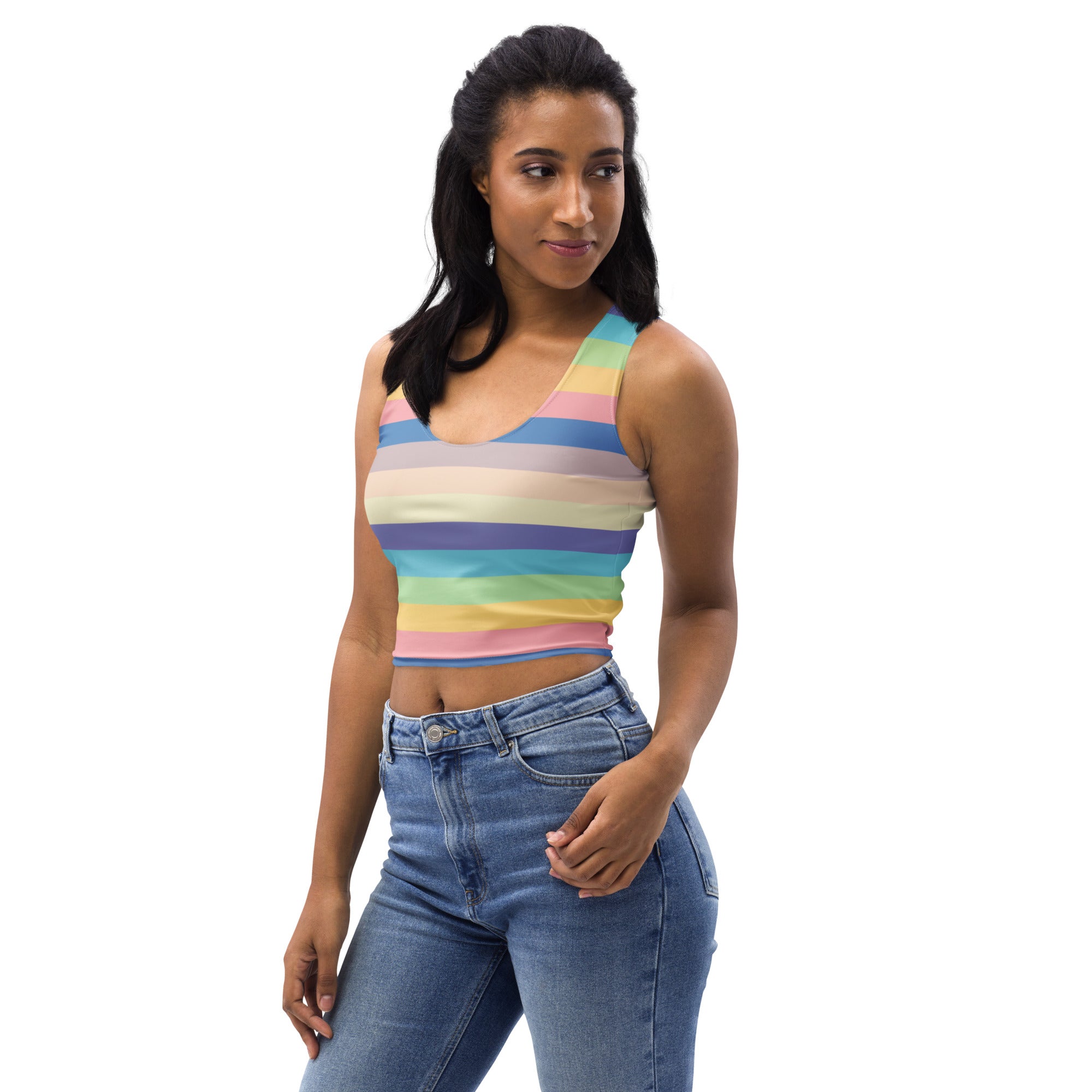 Women's Pastel Rainbow Stripe Buttery Soft Crop Top- Quick-Drying UPF 50+ Stretch Top