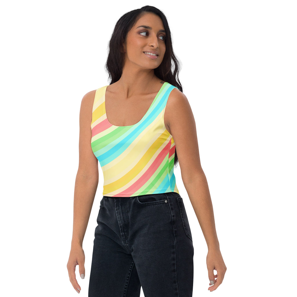 Women's Curved Rainbow Stripe Buttery Soft Crop Top- Quick-Drying UPF 50+ Stretch To